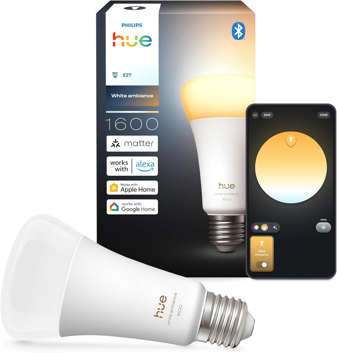 Philips Hue Smart LED A60 Bombilla, Ambiente Blanco, Casquillo E27, 8,1W, Luz de Espectro Completo 1000K - 20000K, 1600 Lúmenes, Regulable, Pack de 2
