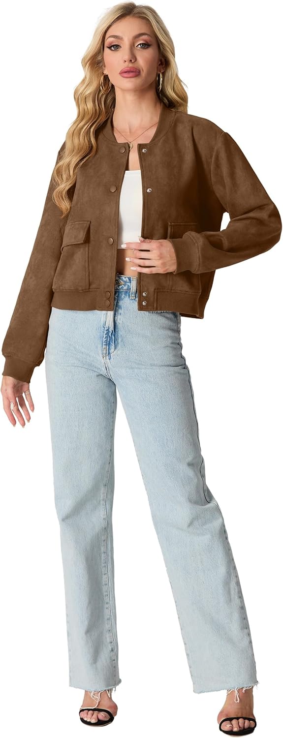 GRECERELLE Womens Faux Suede Leather Bomber Jacket Cropped Button Down Long Sleeve Casual Varsity Baseball With Pockets - Image 3