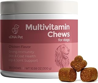 eDNA Pet Multivitamin Chews for Dogs – Chicken Flavor Dog Vitamins with Glucosamine, Probiotics & Omega Support – Immune, Skin, Coat & Joint Supplement – 120 Soft Chews (300g)