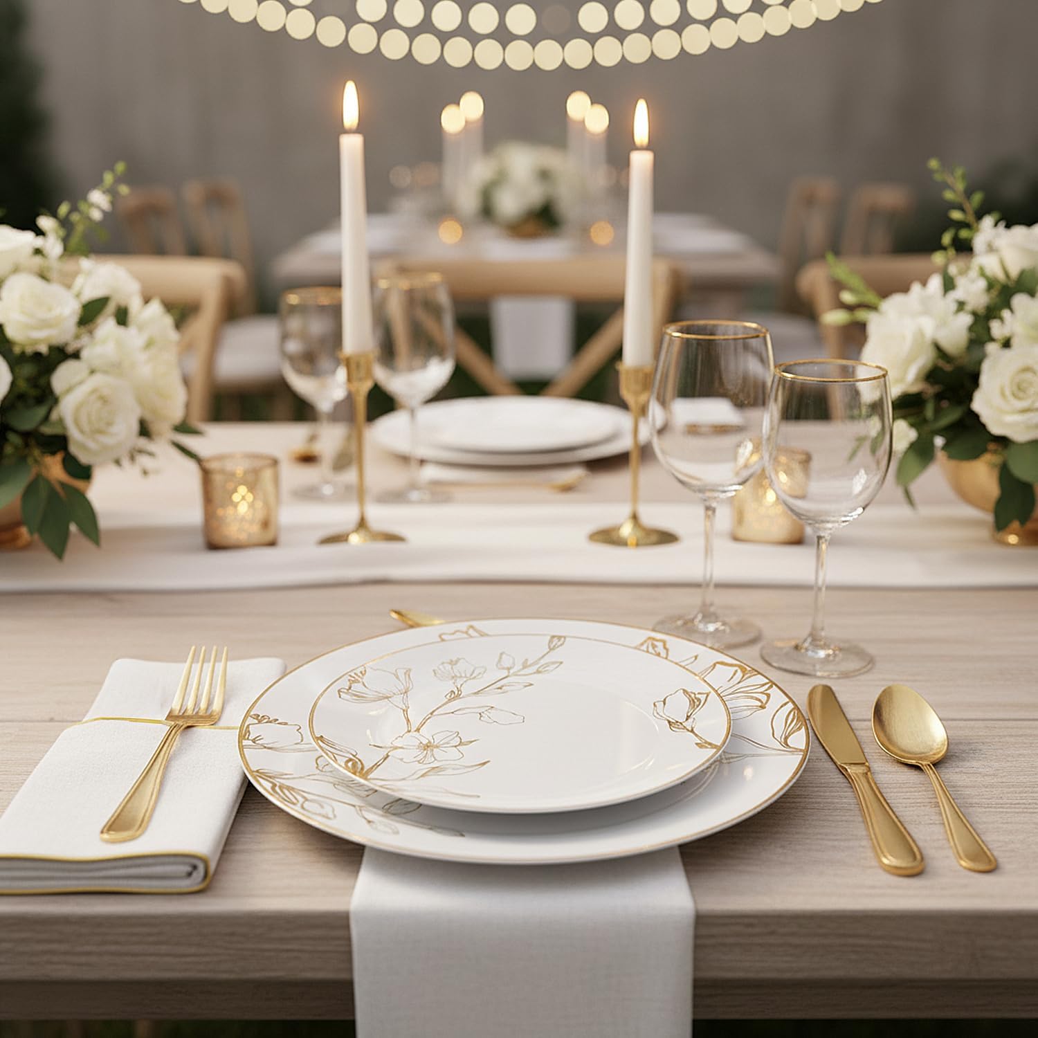 Blue Sky Elegant & Antique Gold Floral Combo Plates (10" & 7" - 32 Pcs) - Vintage Design Party Plates, Perfect for Weddings and Special Occasions
