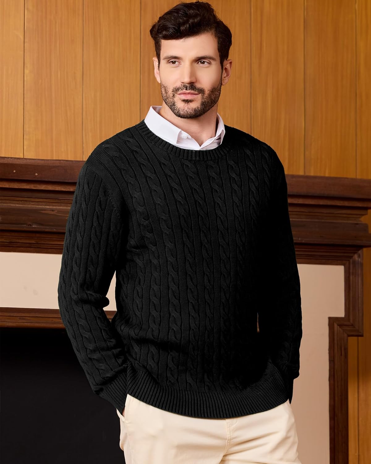 Kallspin Mens Crew Neck Sweater Pullover Pure Cotton Cable Knit Long Sleeve Knitwear Casual Classic Style - Image 2