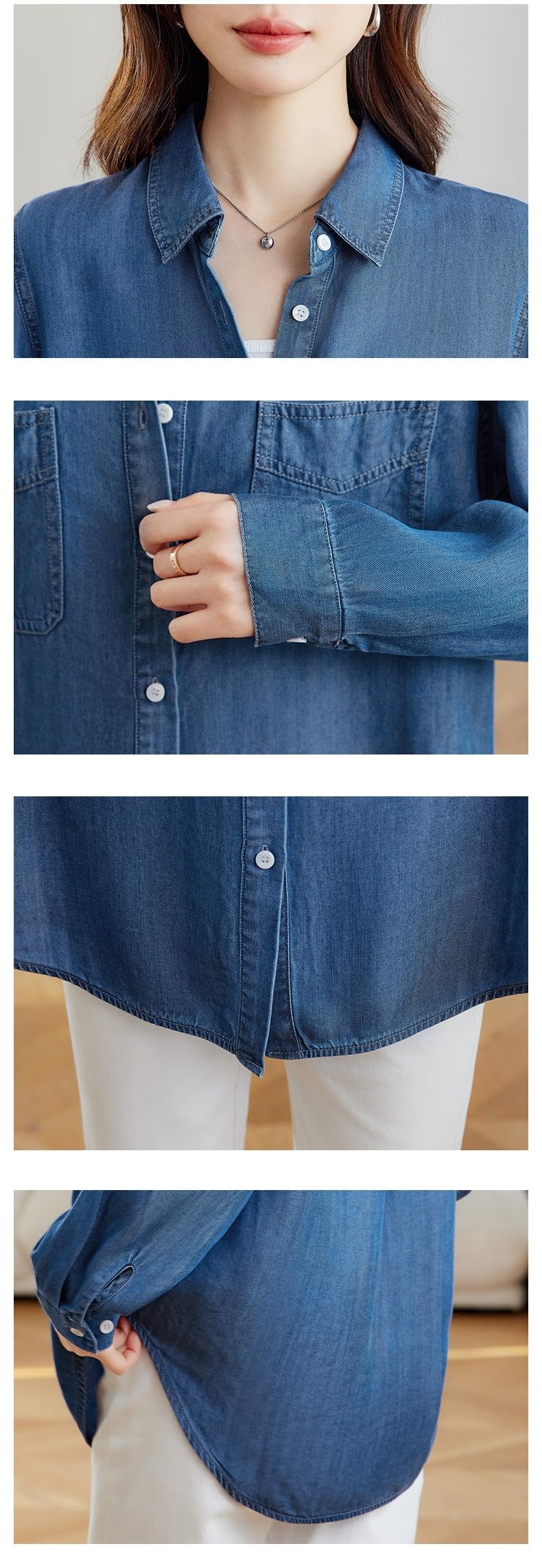 Camicia da Donna in Morbido Denim Tencel, vestibilità Ampia, Maniche Lunghe, Abbottonatura Frontale, Camicetta in Chambray, Leggera E Casual, con Tasche sul Petto, Ideale per Lavoro, Uffi