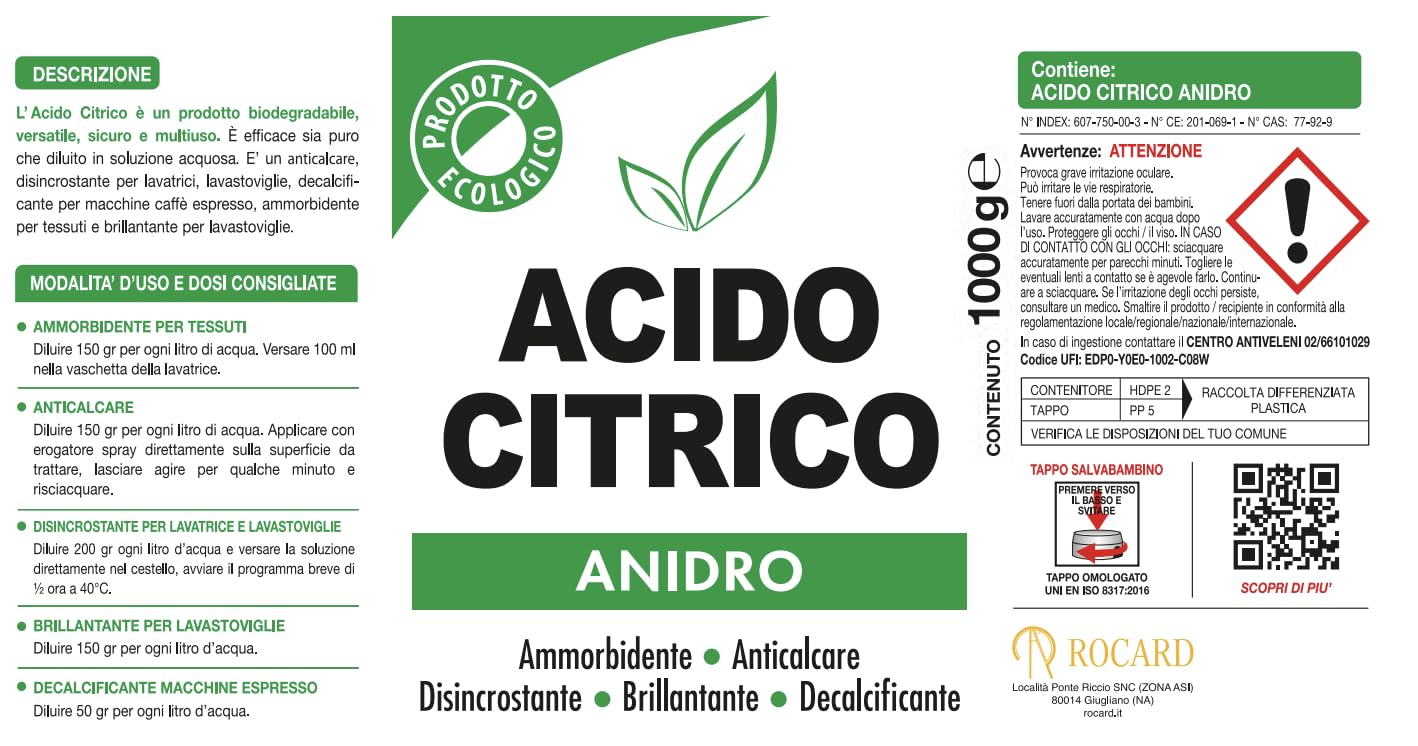 Rocard® Acido Citrico Anidro 1 Kg – Prodotto Naturale Multifunzione 100% Puro | Anticalcare, Disincrostante, Decalcificante, Brillantante per Casa, Cucina e Lavatrice