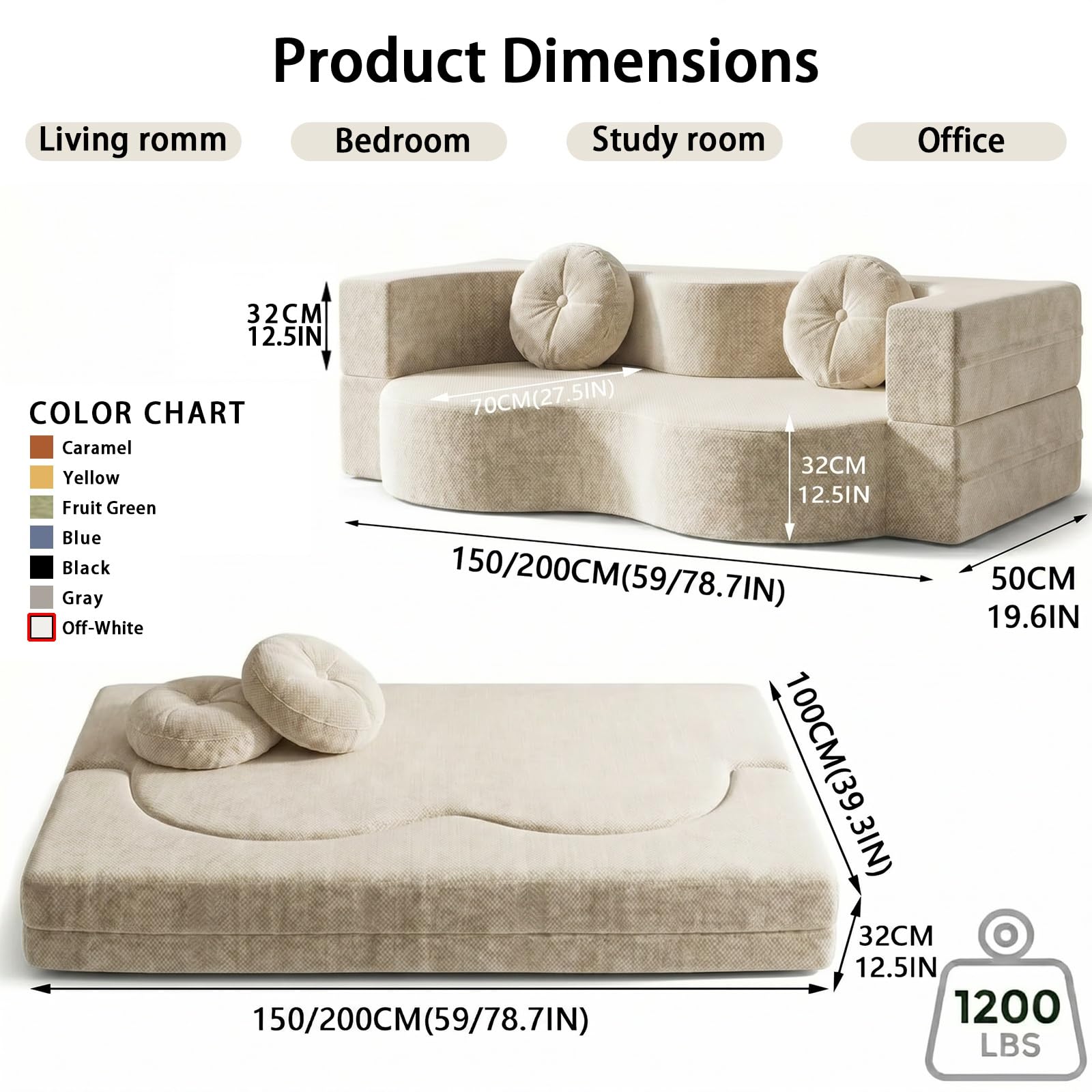 Sofa-Klappbares -Schlafsofa-Boneless Couch Abnehmbar und waschbar - Keine Montage erforderlich Weiß