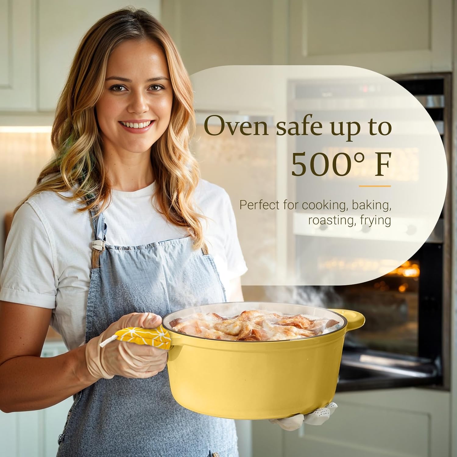 Overmont Enameled Cast Iron Dutch Oven - 5.5QT Pot with Lid Cookbook & Cotton Potholders - Heavy-Duty Cookware for Braising, Stews, Roasting, Bread Baking Goose Yellow - Image 6