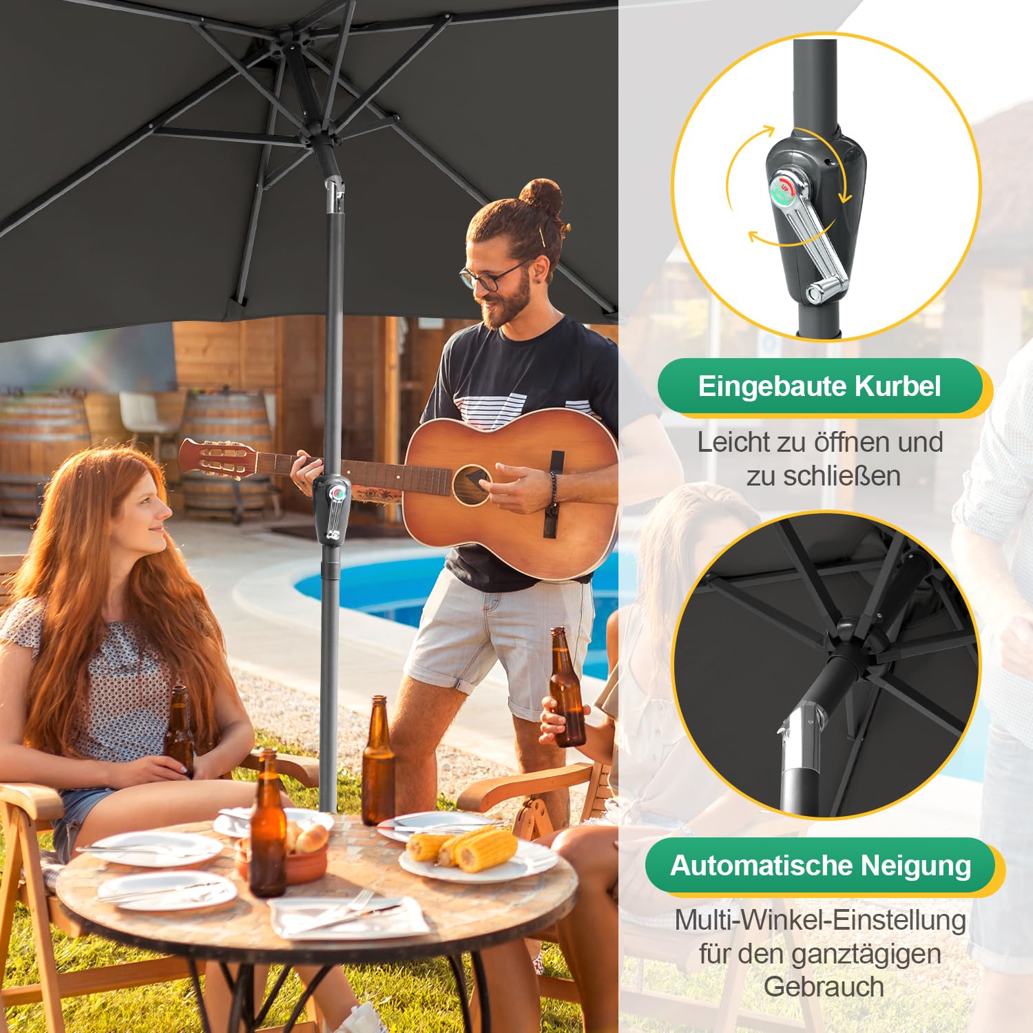Fiqops Parasol przeciwsłoneczny 210 x 140 / 300 x 200 cm z korbą, prostokątny, ochrona przed słońcem, UV50+, składany, wodoszczelny, do ogrodu, na taras, bez stojaka, Szary bez LED, 210 x 140cm