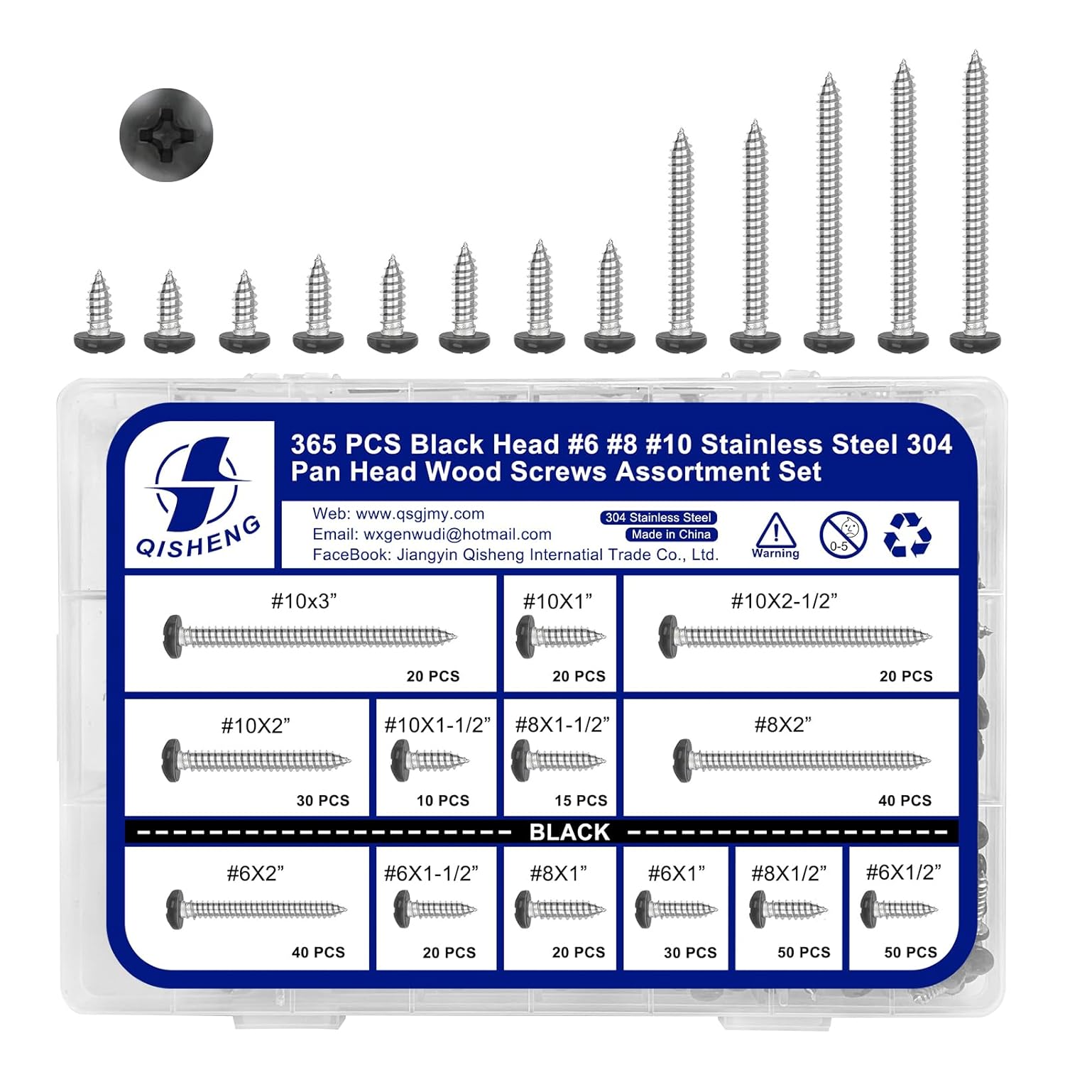 QISHENG Black Head 365 PCS #6#8#10 Set Stainless Steel Phillips Pan Head Wood Screws Assortment Set,Stainless Steel 18-8 A2(304) Screw,Home Screw Kit