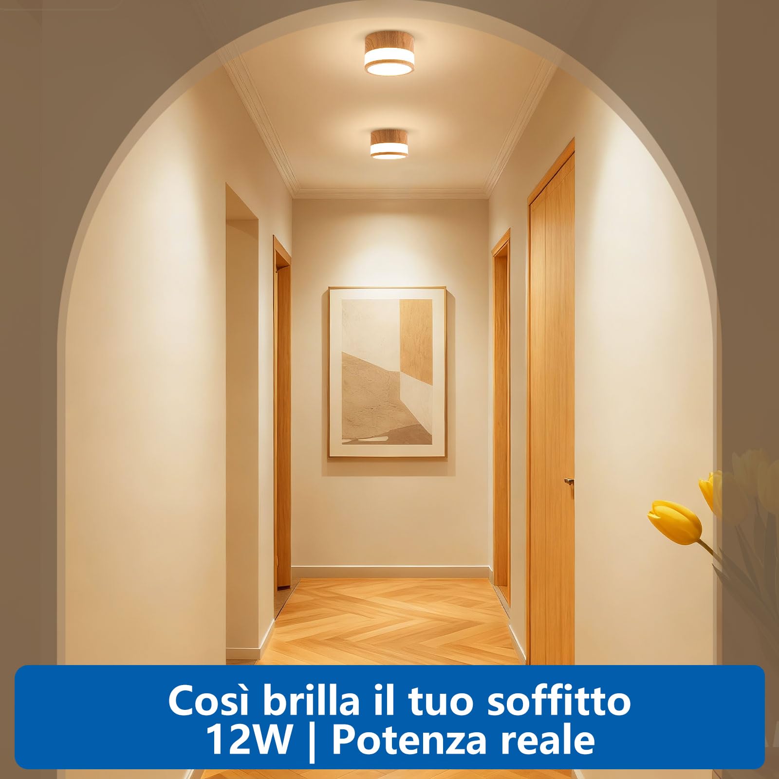 ZIZZLER 2 Faretti Led Legno da Soffitto IP44 Faretto per Cucina Interni Corridoio, 12W 1100LM, Plafoniera Rotondi Soffitto Soggiorno, Luce Calda, Bathroom Spot Lights Ceiling, 10cm