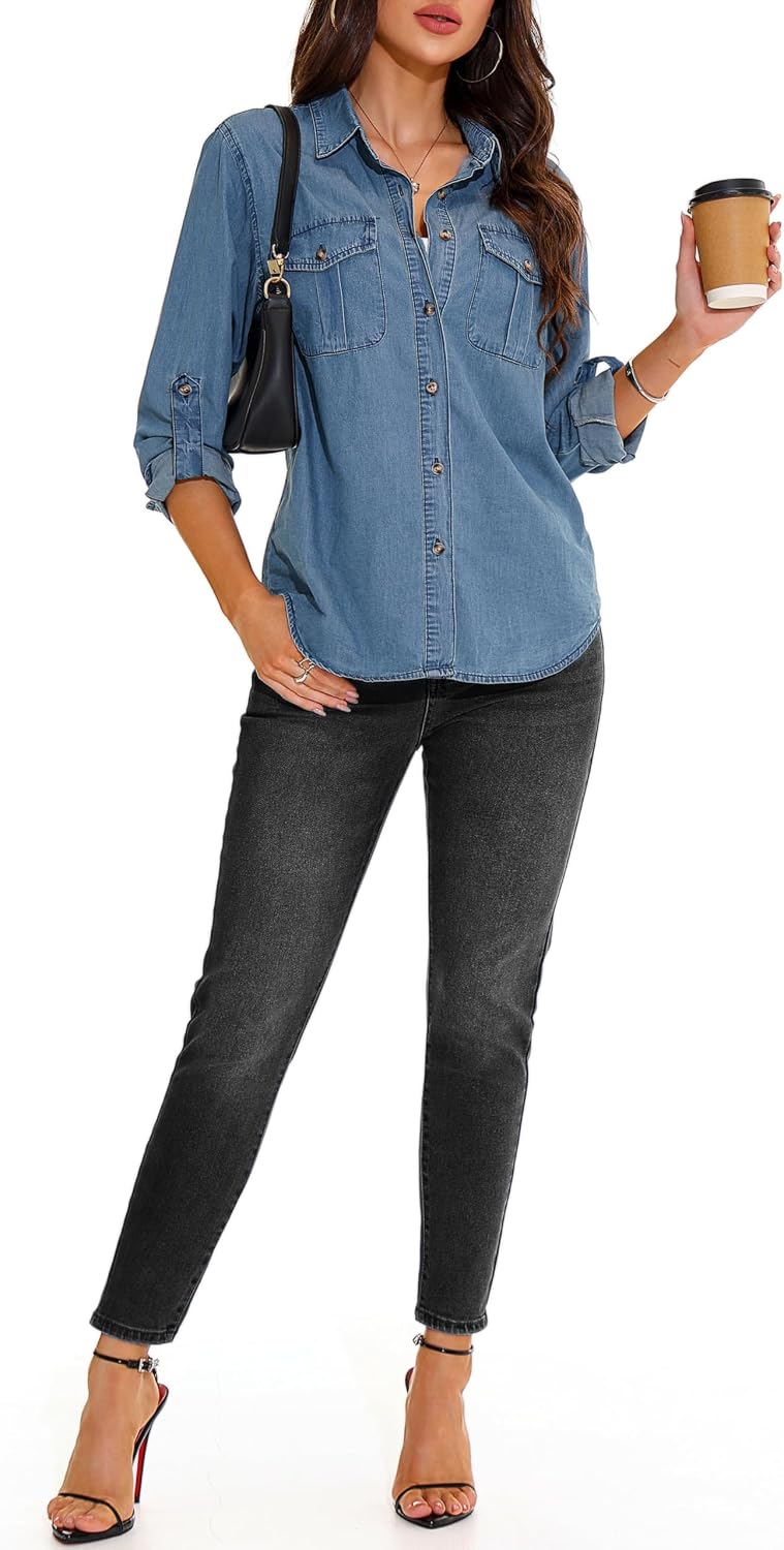 GUANYY Womens Denim Shirts Long Sleeve Oversized Button Down Western Jean Shirt Lightweight Chambray Blouse Top