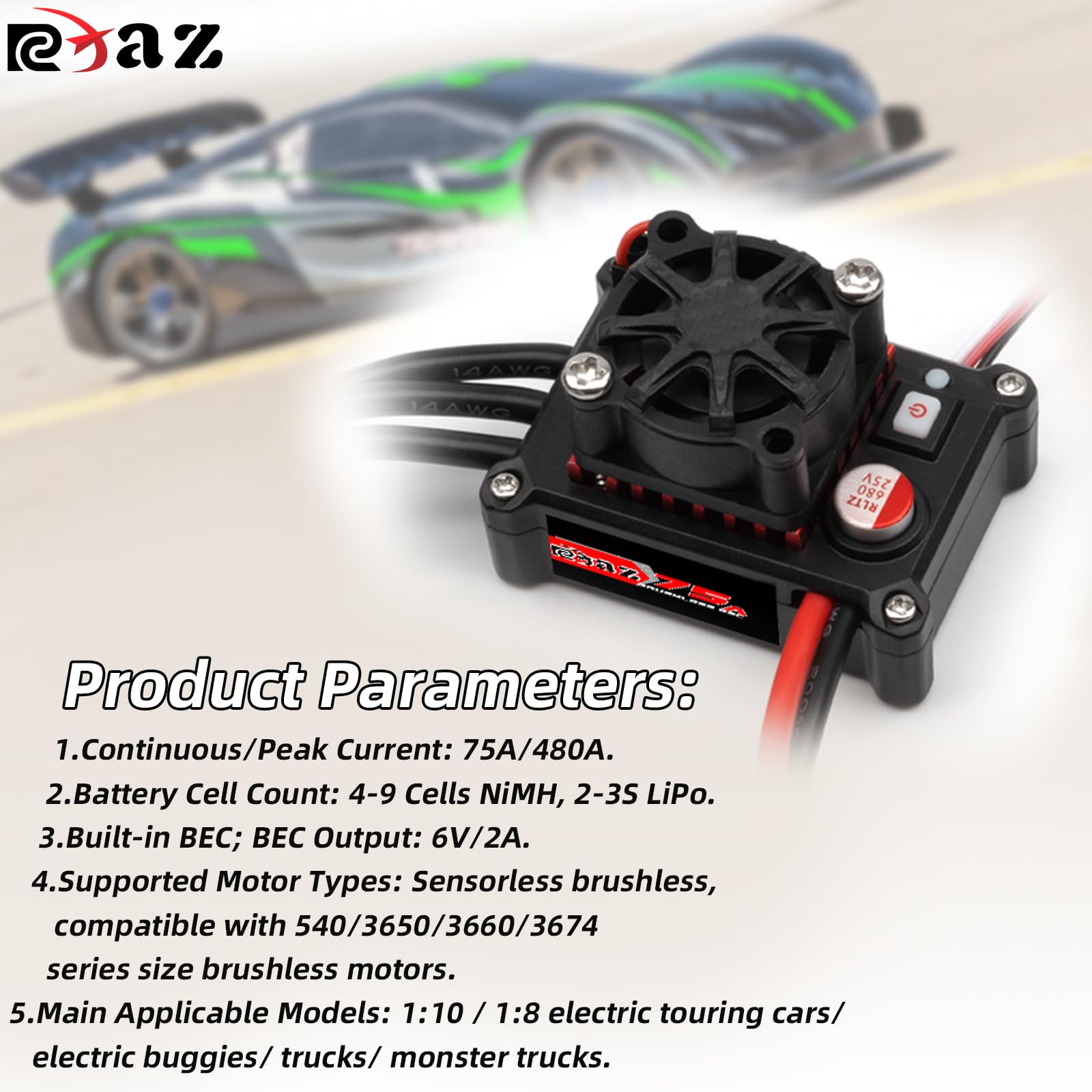 Amazon.com: RCXAZ Brushless Splash-Proof Power Combo ESC 75A/480