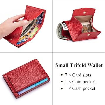 Small Wallet Women Genuine Leather RFID Blocking Trifold Tiny Wallets with Snap Coin Pouch 7 Card Solts
