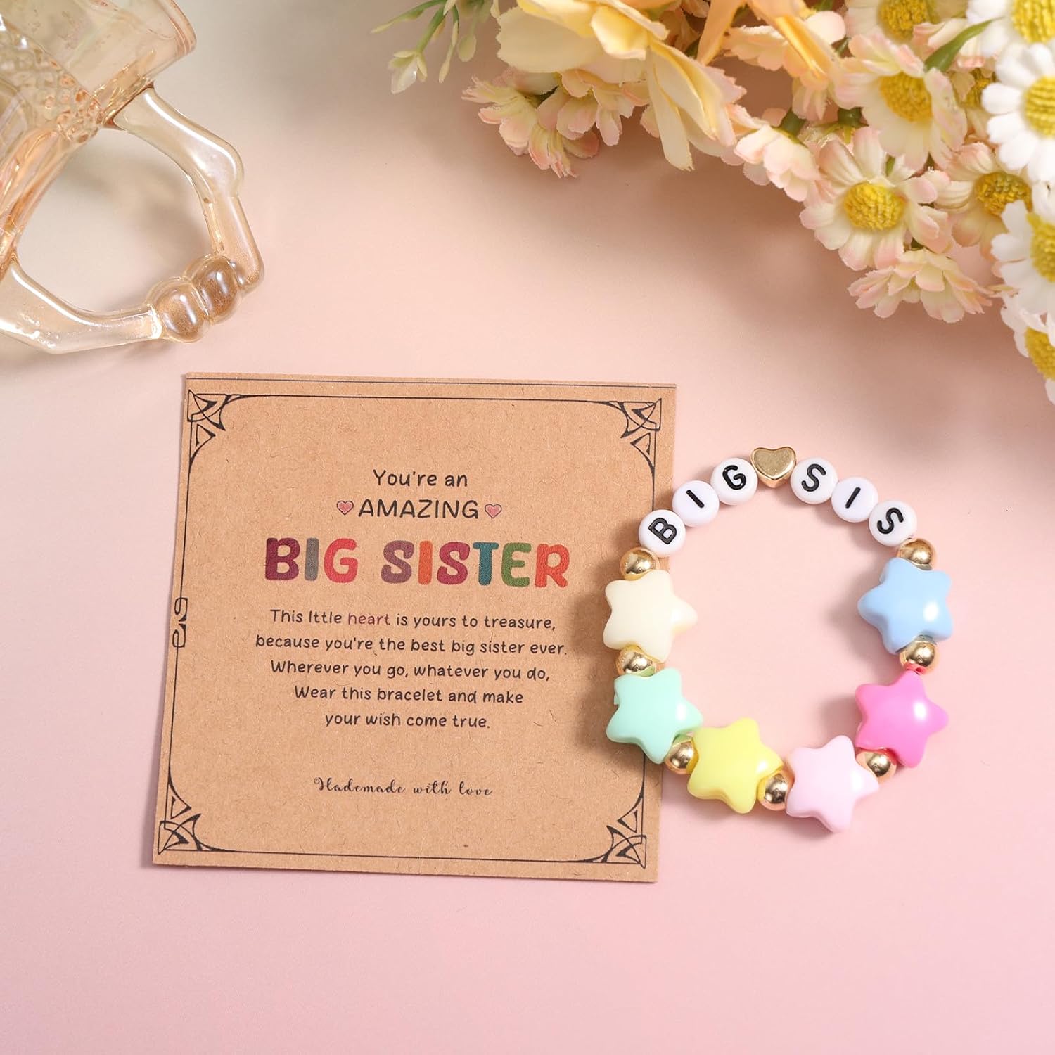 Mikovivi Big Sis Bracelet for Girls, Star Shaped Letter Bracelet with Card Adjustable Stylish Sister Jewelry for Birthday Accessories