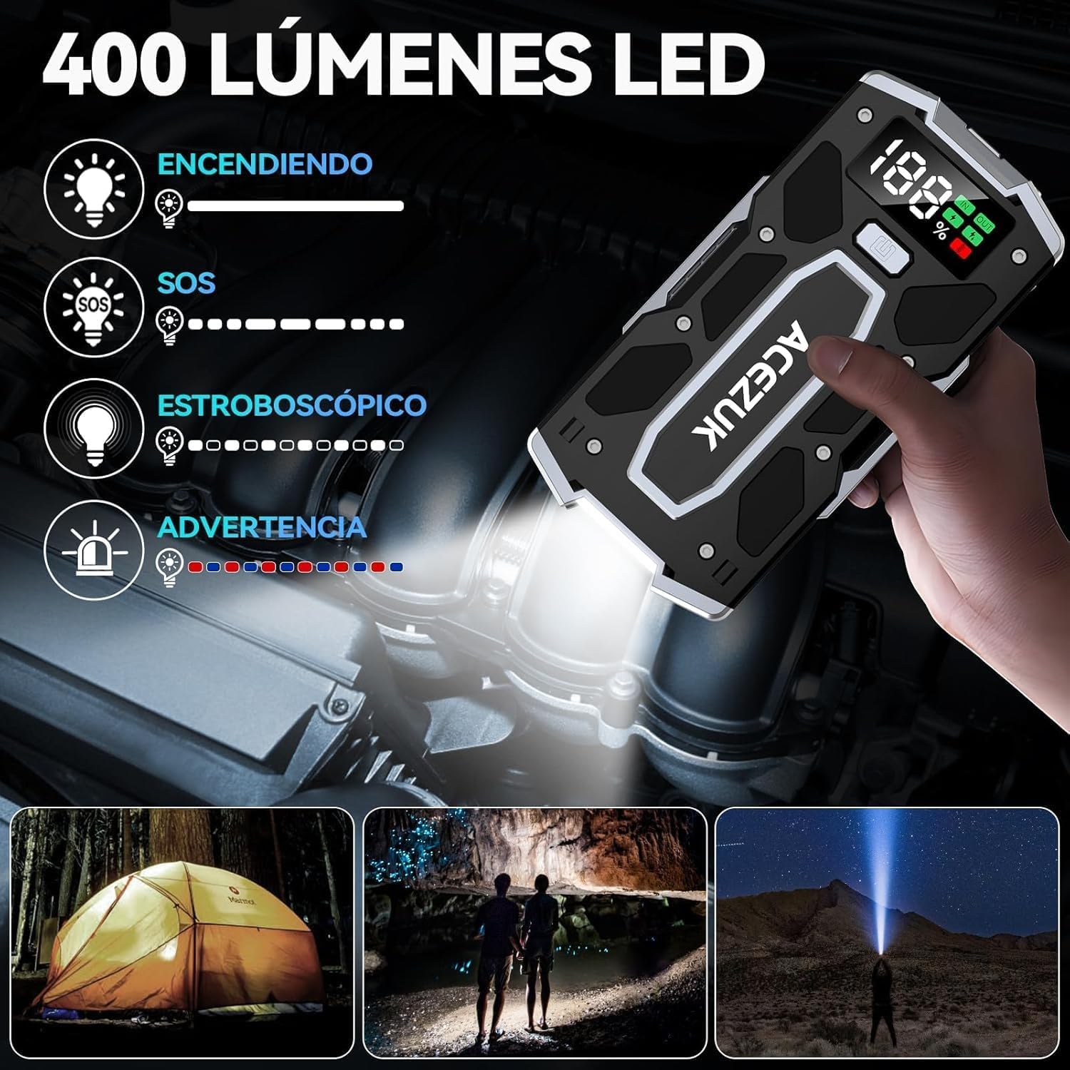 ACEZUK Arrancador de Coches 9000A, Arrancadores de Bateria de Coche Portátil(hasta 8.0L de diésel o 10.0L de Gasolina), 12V Jump Starter, Pinzas Inteligentes con Pantalla, Luz LED, Puerto QC3.0