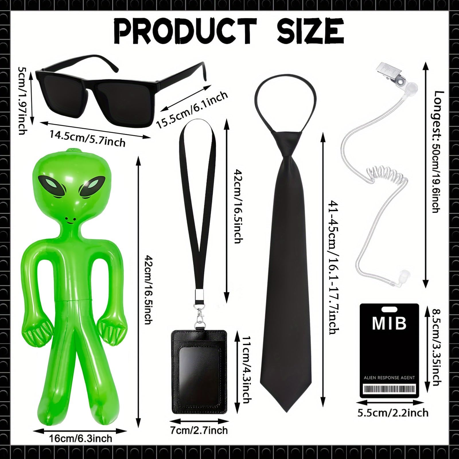 iSharely 10Pcs Secret Agent Costume Accessories Set, Spy Fancy Dress Kit with Sunglasses Black Ties ID Holders Earpieces Inflatable Aliens for Men Women Cosplay Carnival Halloween Sci-Fi Party - Image 2