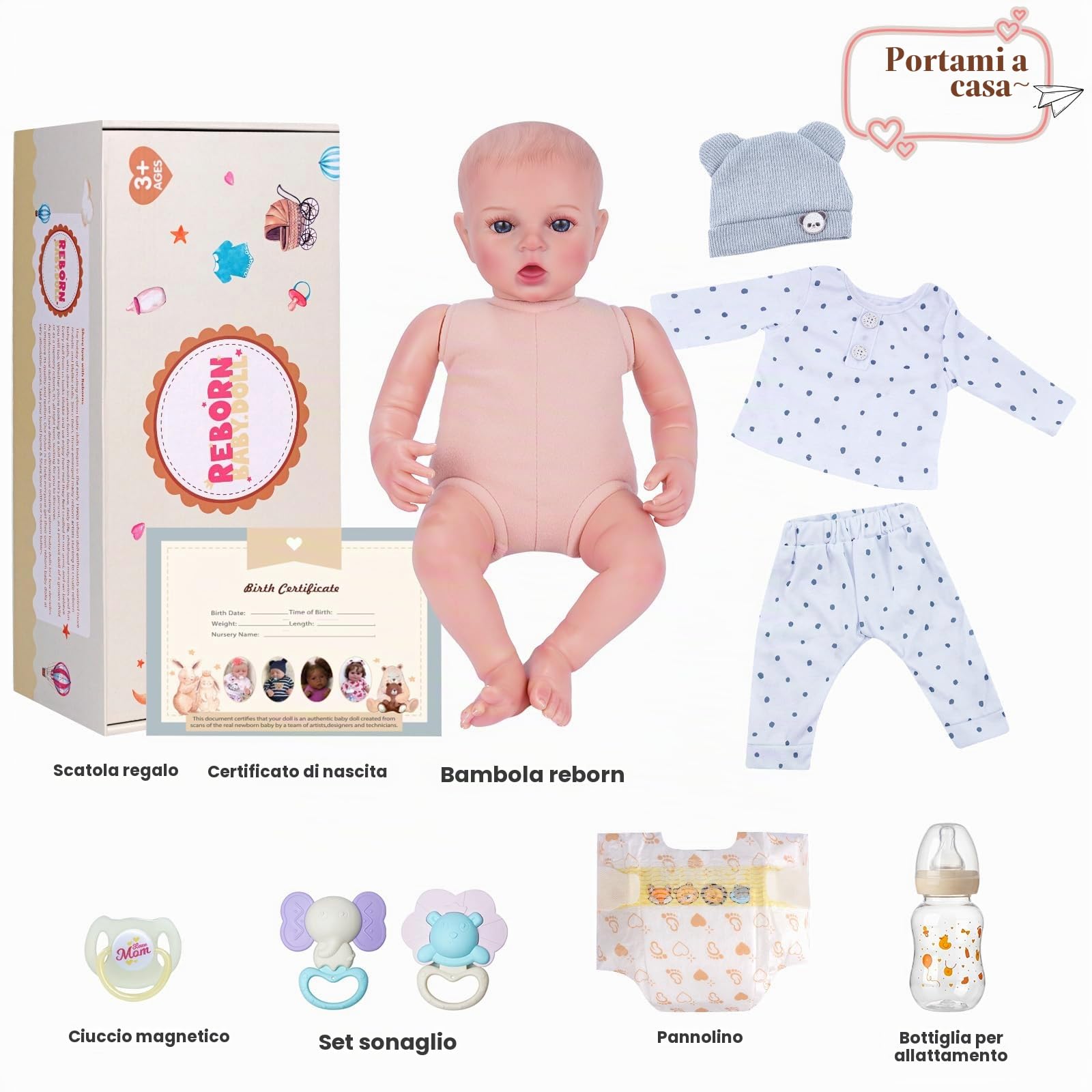 BABESIDE Bambole Reborn - 17 Pollici Bambola Realistica per Bambina - Occhi Azzurri - Corpo in Tessuto - Bambolotto Maschio Neonato con Vestiti e Accessori, Adatto a Bambine dai 3 Anni+