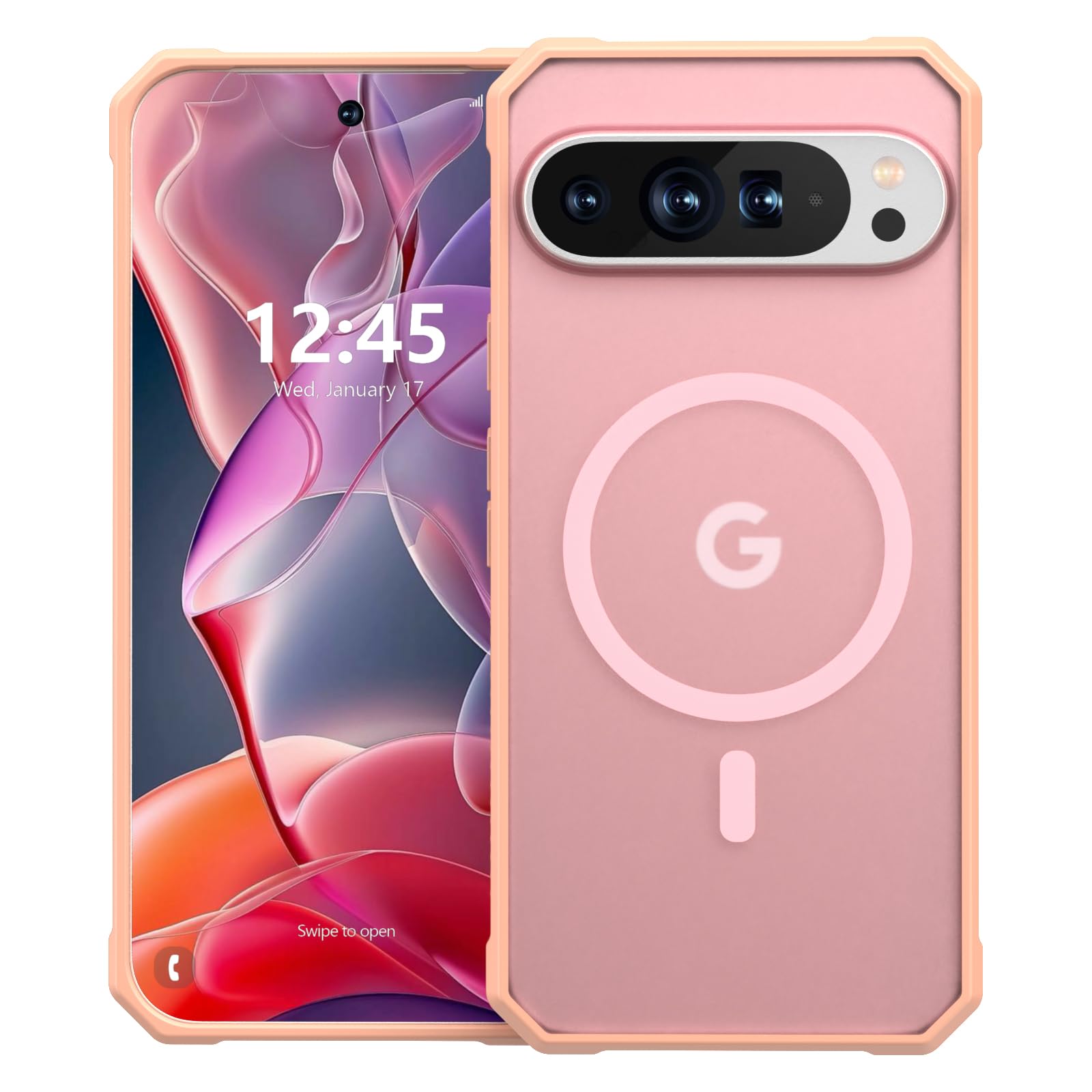 ANNSD for Google Pixel 9 Pro XL Case,Magnetic Shockproof with Translucent Protective Cover,Slim Full Body Drop Protection for Wireless Charging(Pink)