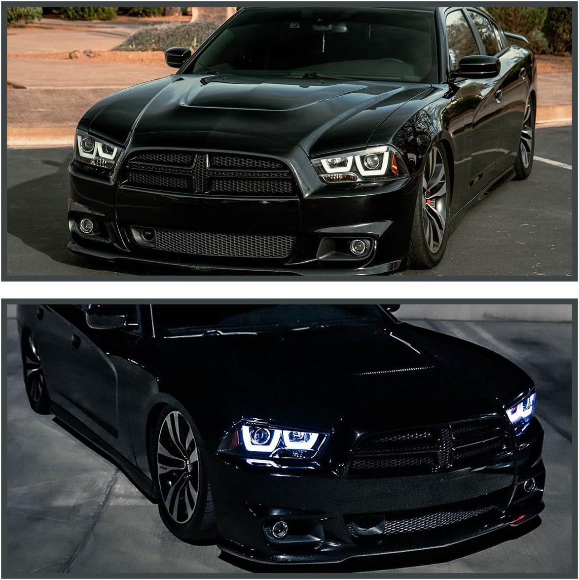 SPEC-D TUNING Jet Black Dual LED Tube Projector Headlights Compatible with 2011-2014 Dodge Charger, Left + Right Pair Headlamps Assembly
