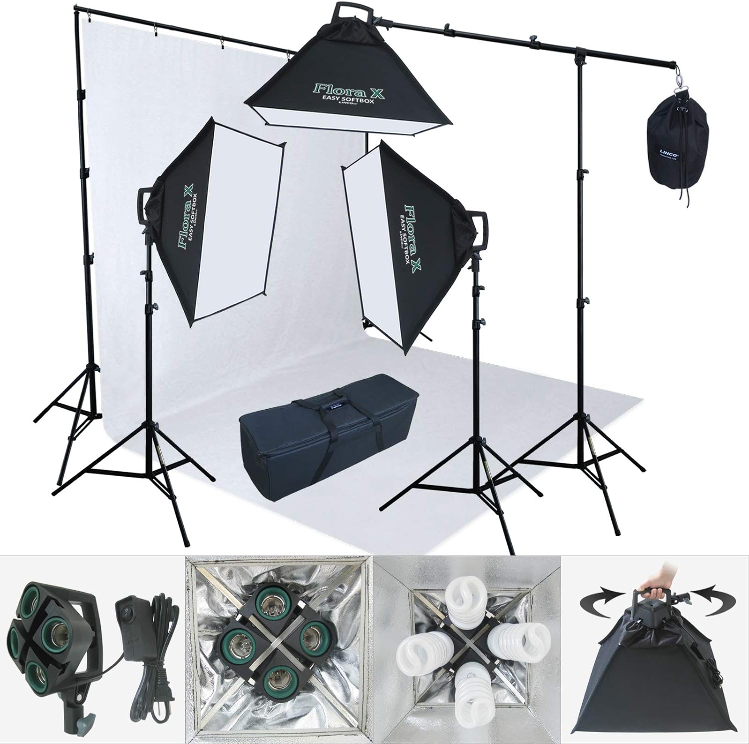 LINCO Lincostore 2400 Watt Photo Studio Lighting 10x20ft White Backdrop Photography Background Stand Light Kit AM144-W