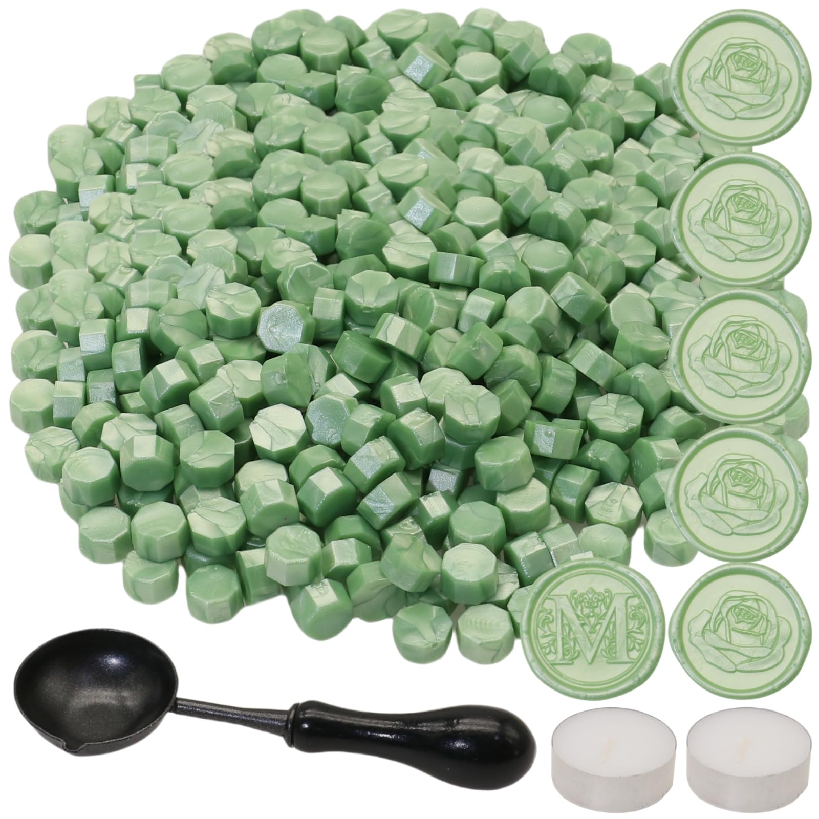 300Pcs Wax Seal Beads Set with Non-Slip Melt Spoon and Candles, Fruit Green Sealing Wax Pellets Bead Great for Waxstamp Sealings,Wedding Invitations, Xmas Gift, Envelope Seal (Light Green)