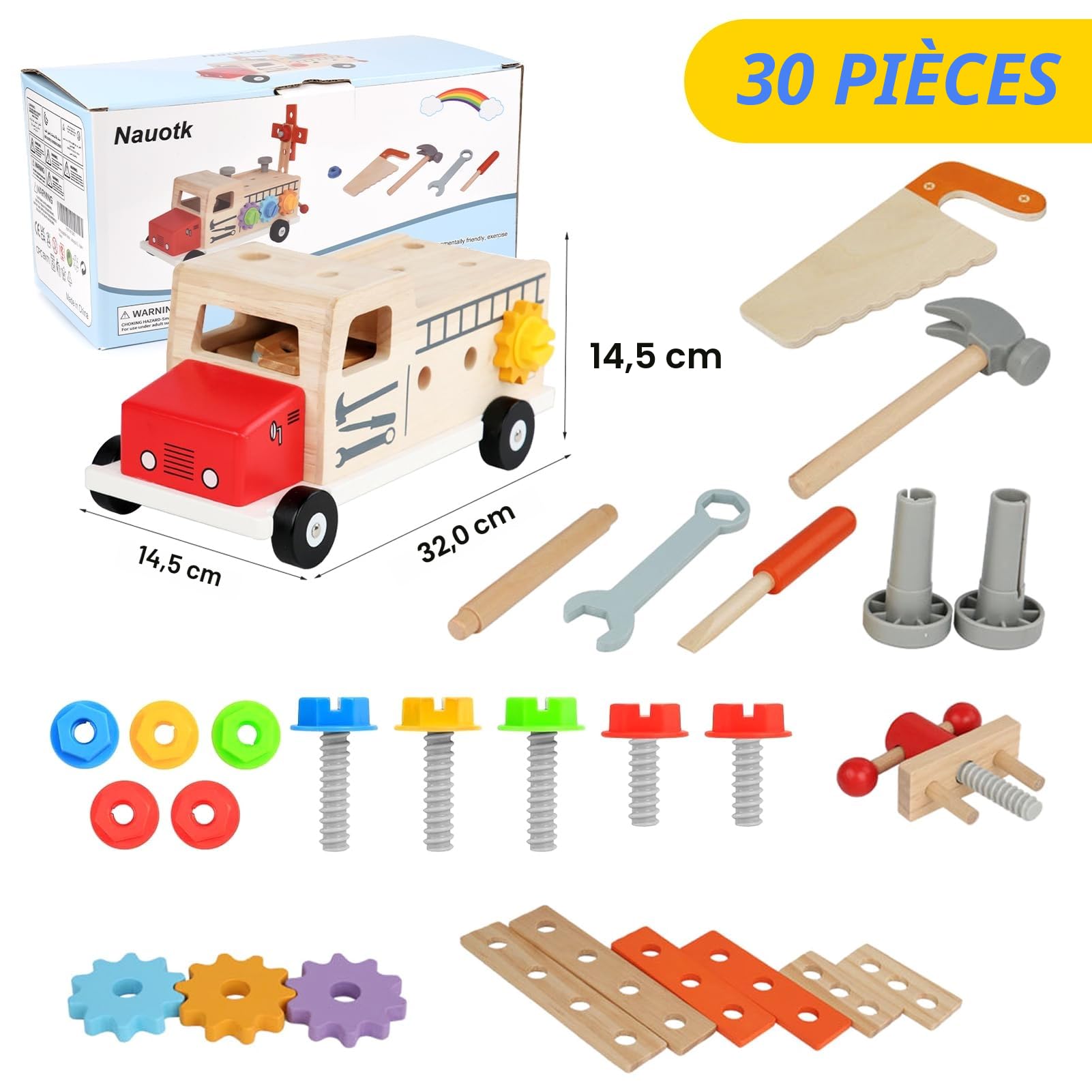 Coffret à Outils en Bois Montessori - Voiture Jouet Éducatif avec 30 Pièces, Jeu d'Imitation Bricolage pour Enfant, Cadeau Garcon Fille 2 3 4 Ans (Camion)