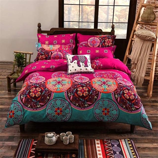 Bohemian Double Duvet Cover Set Blue with Brown Boho Chic Mandala Medallion Printed Soft Microfiber Bedding, with Zipper Closure