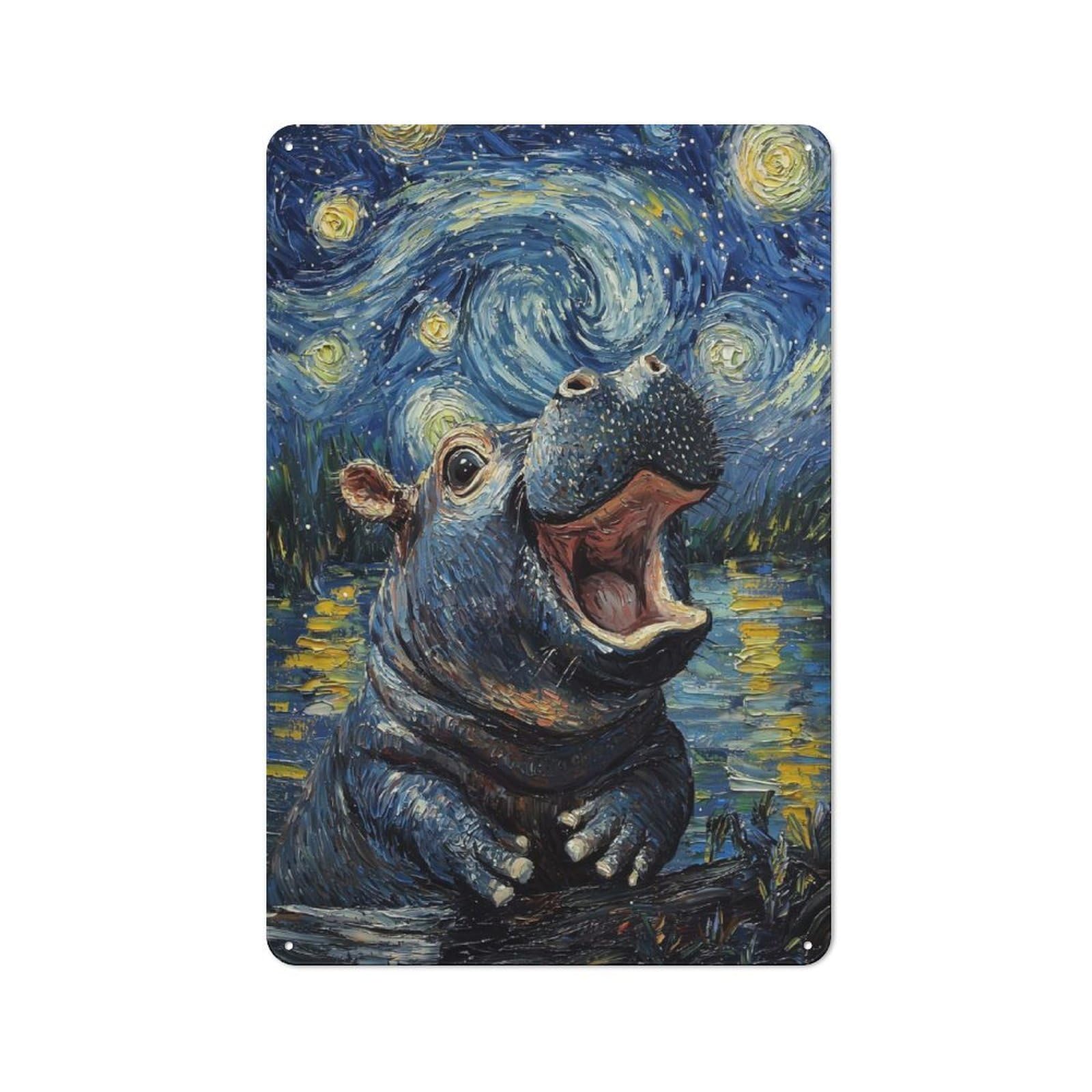 Junmoney Style Hippopotamus Starry Night Printed Metal Sign 30X20cm For Man Cave Or Games Room, Suited To Games Room Collectors