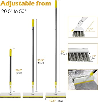 Floor Scrub Brush with 180 Rotating 50 Long Handle for Cleaning, 2 in 1 Scrape Scrubber Brush with Squeegee, Tile Tub Scrub Brushes Attachment for Clean Bathroom Deck Kitchen and Floor Wall