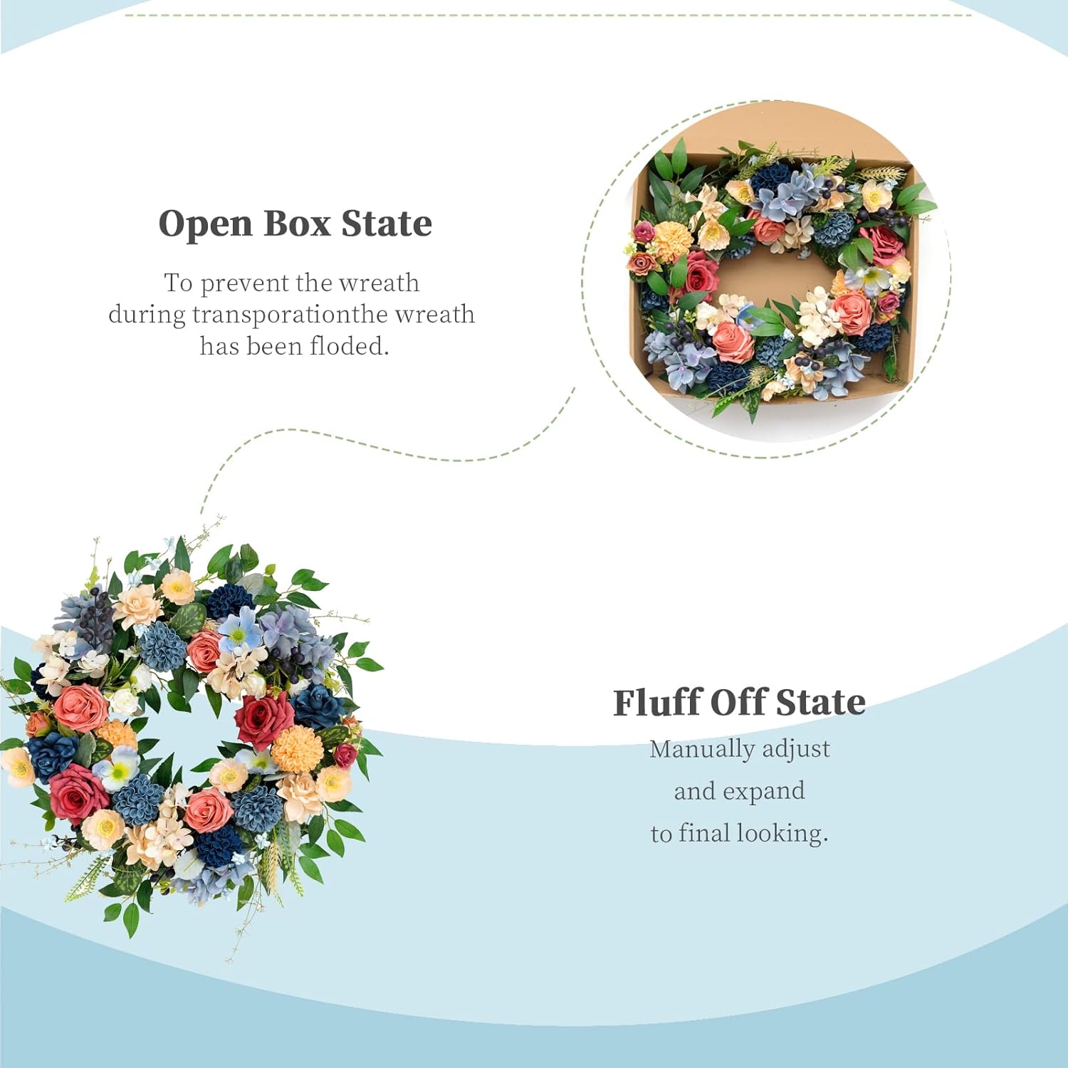 22 inch Spring Wreath Artificial Flower Wreaths Spring Summer Yellow Blue Rose Hydrangea Wreaths Front Door Hallway Window Decoration Wedding Birthday Decoration