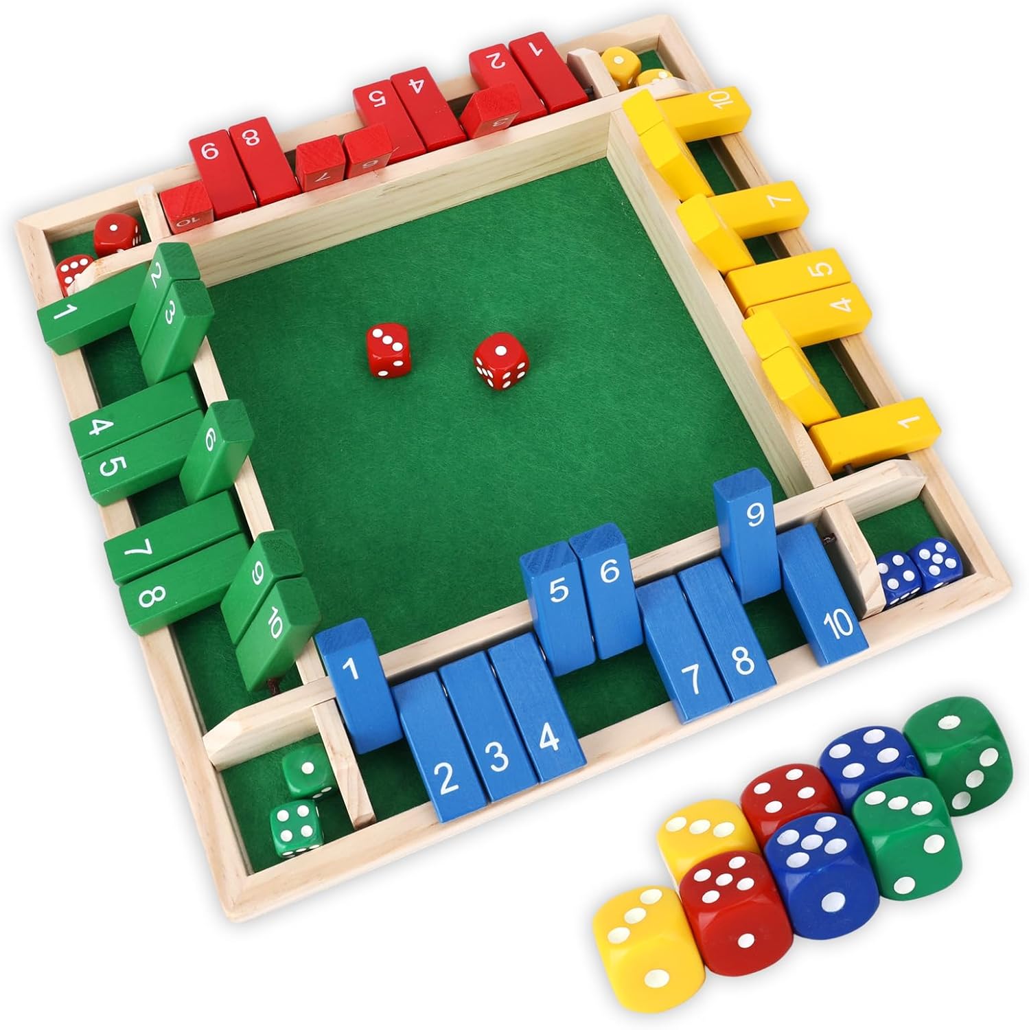 Shut The Box Game Wooden (2-4 Players) with Dices for Classroom, Home, Party and Pub, Math Games Classics 4 Sided Tabletop Version Easy to Learn (Big 4 Colors 1 Pack)
