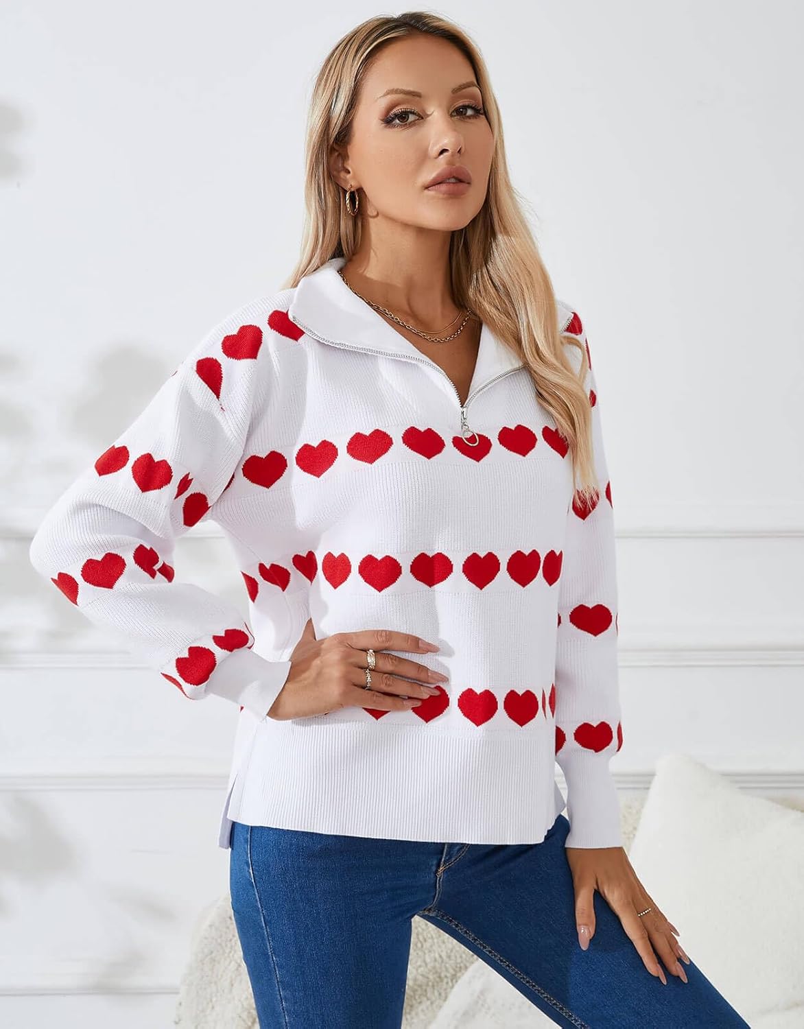 Alsol Lamesa Women’s Half Zip Collar Pullover Long Sleeve Heart Sweater Side Split Knit Sweaters for Women - Image 8