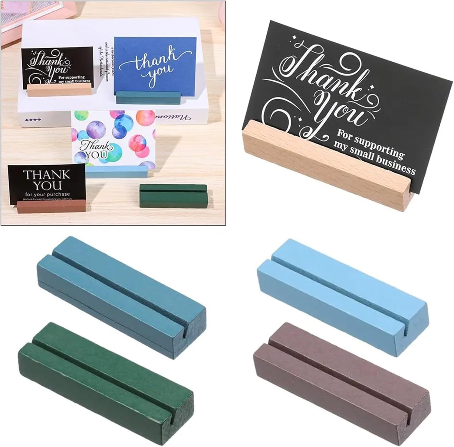 Wooden table number holder 4Pcs Wooden Photo Stand Rectangle Card Clip Handmade Memo Holder(Brown)