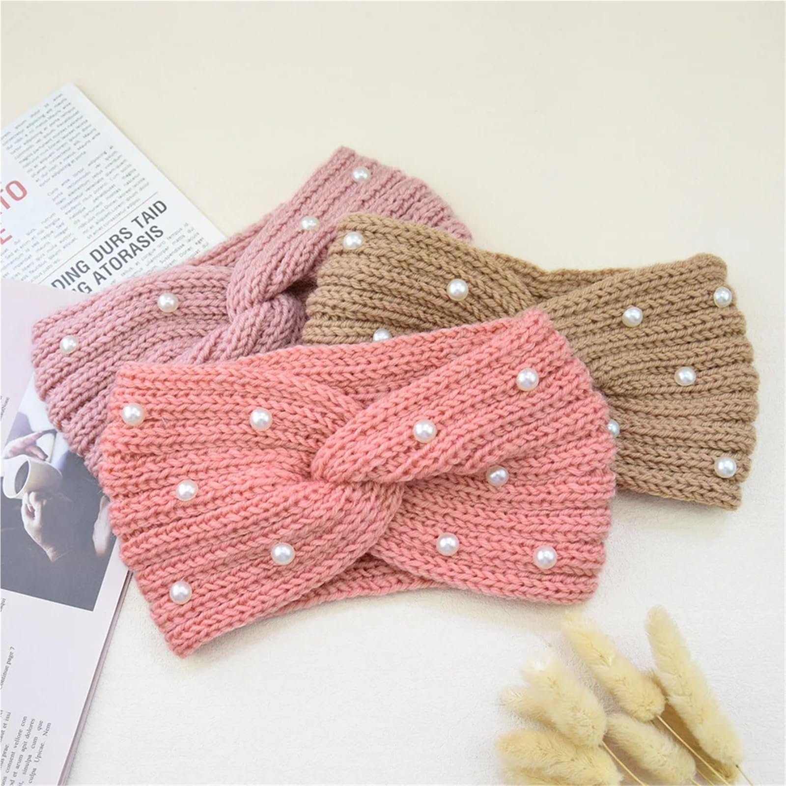 Stirnband 2/3 stücke Frauen Breite Gestrickte Kreuz Perle Stirnbänder Herbst Winter Warme Feste Haar Bands Ohr Wärmer Elastische Sport Turban Headwrap Winter Stirnband(Light Color-3pcs)