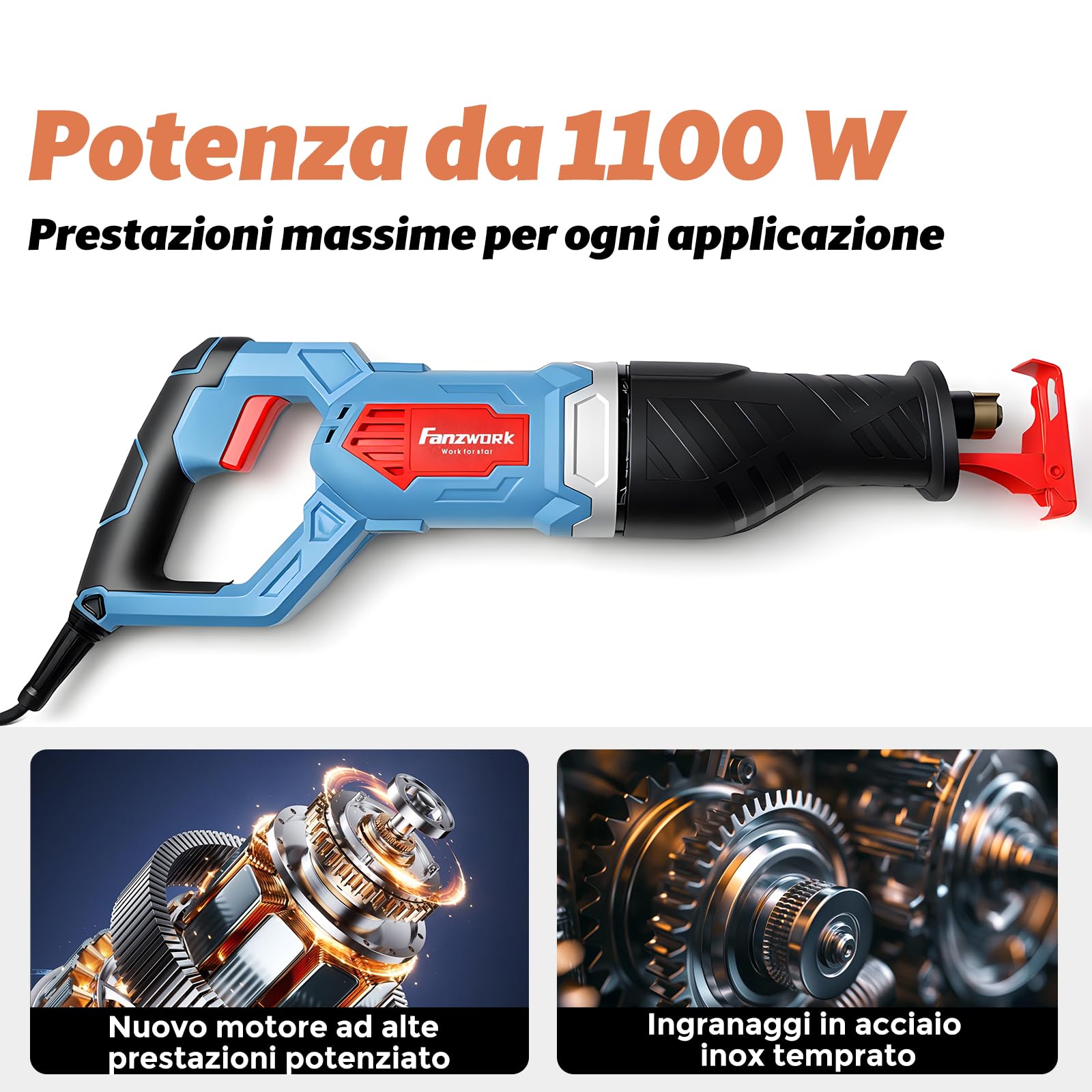 FANZWORK Sega a Gattuccio Elettrica 1100W – Seghetto Elettrico con 0–2500 SPM, LED, Inclusa Lama, con Cavo da 4 m – Per Legno, Metallo e plastica e molto altro – Cambio lama Senza Attrezzi