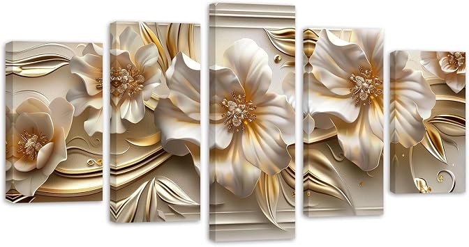 YMXZHUANSH 5 Piece Orchid Flower Wall Art Abstract Floral Canvas Modern Artwork Pictures Painting for Living Room Decor FrameGold 12x16inx2 12x24inx2 12x32inx1