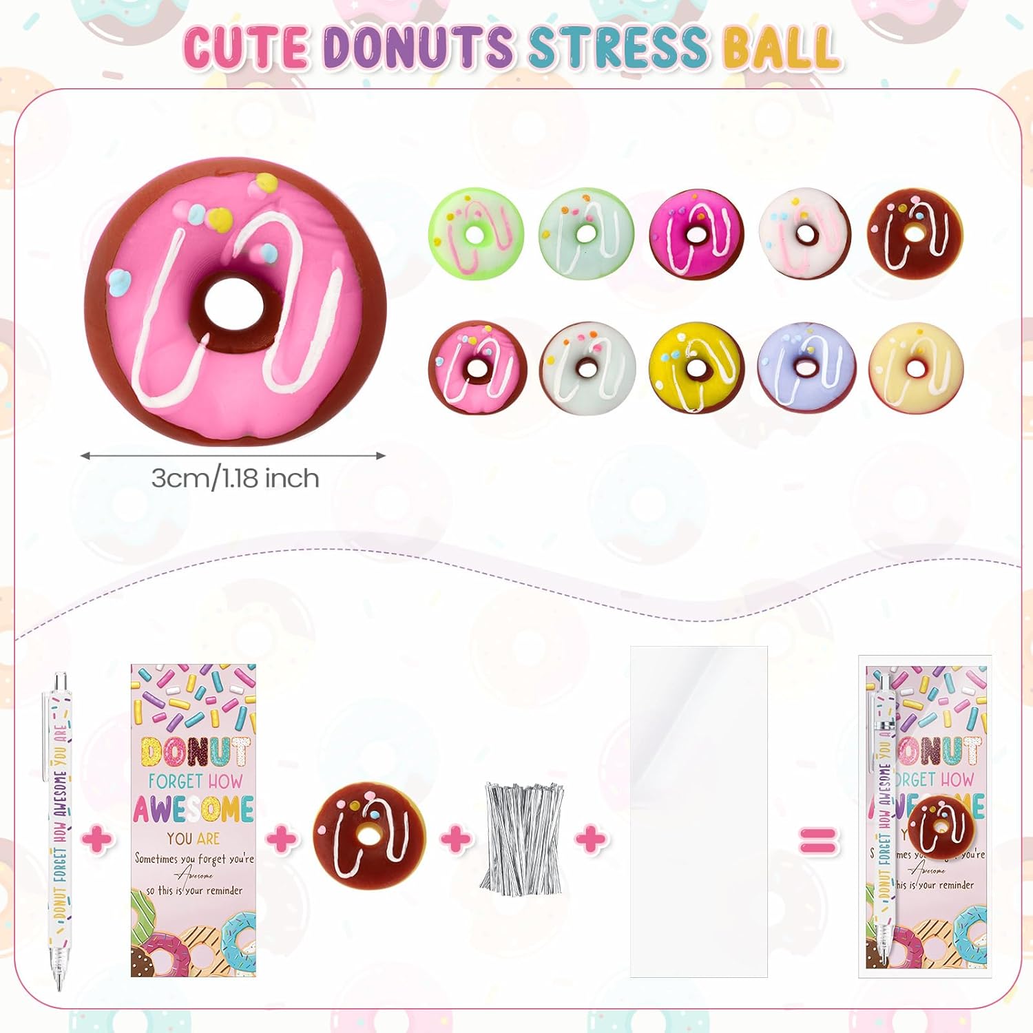 TecUnite 100 Sets Donuts Gifts Bulk Graduation Employee Coworker Appreciation Team Inspirational Donuts Pen Stress Ball Awesome Card Nurse Teacher Volunteer Funny Office Staff Gifts