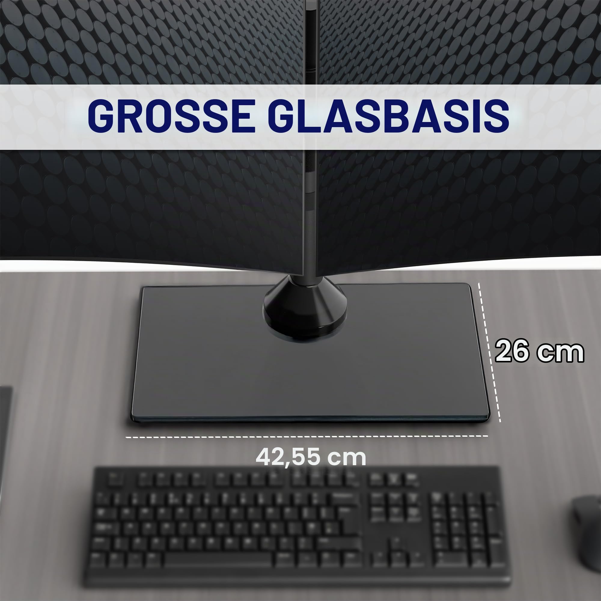 VIVO Freistehender Dual-Monitor-Ständer mit eleganter Glasbasis und verstellbaren Armen, Halterung für 2 Bildschirme bis zu 32 Zoll und je 10 kg, Schwarz, STAND-V002FG | Gelenkiger, freistehender verstellbarer Monitorarm schwarz mit Glasfuß Computerstände