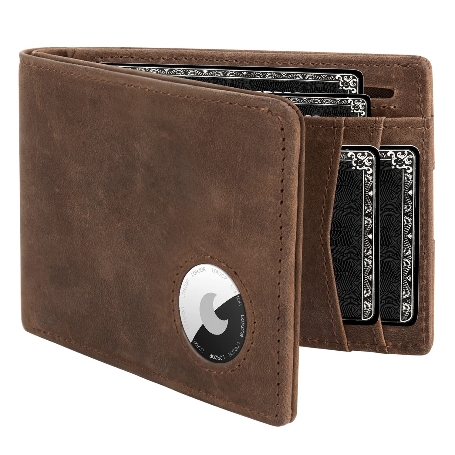LORZOR Minimalist Front Pocket Men's Wallet for Apple AirTag, Full Grain Leather, Bifold RFID Blocking AirTag Wallets for Men up to 12 Cards