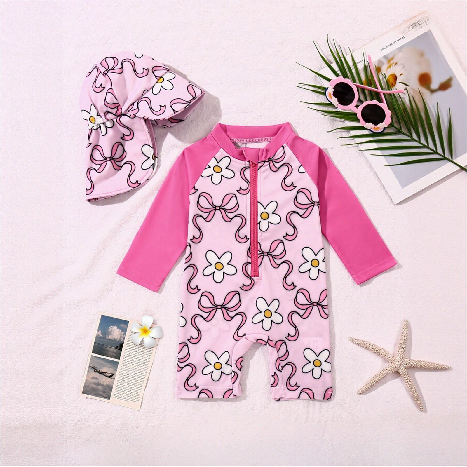 Badeanzug für Mädchen UPF50+ UV-Schutz Kleidung Baby Badebekleidung mit Sonnenkappe Langarm Cartoon Print Reißverschluss Einteiliger Schwimmanzug Sonnenschutz Schnelltrocknender Bademode