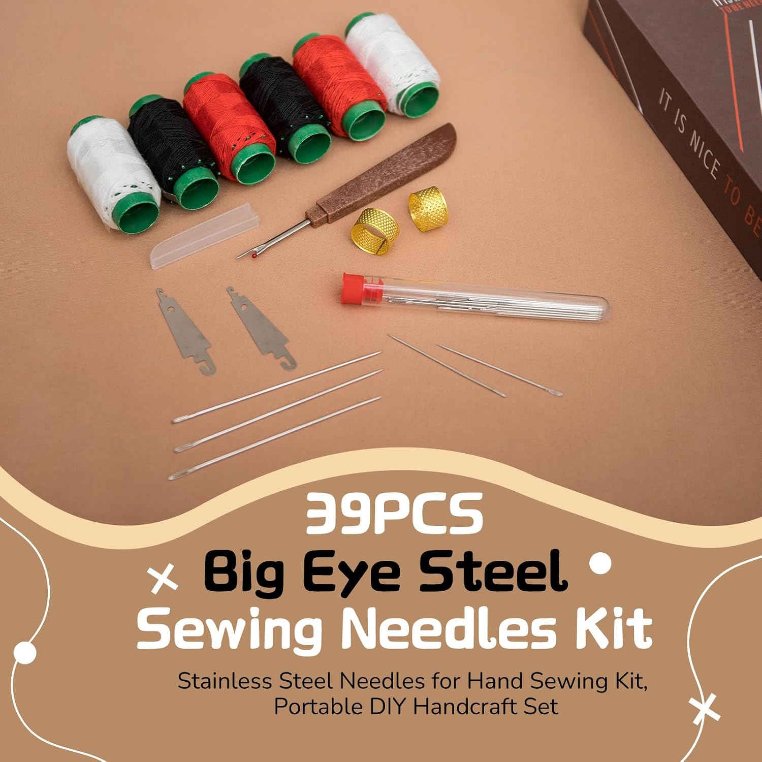 39Pcs Sewing Tool Set, Big Eye Steel Sewing Needle Kit, Stainless Steel Sewing Needles, Steels Needles for Hand Sewing, Suitable Sewing Supplies for Various Stages