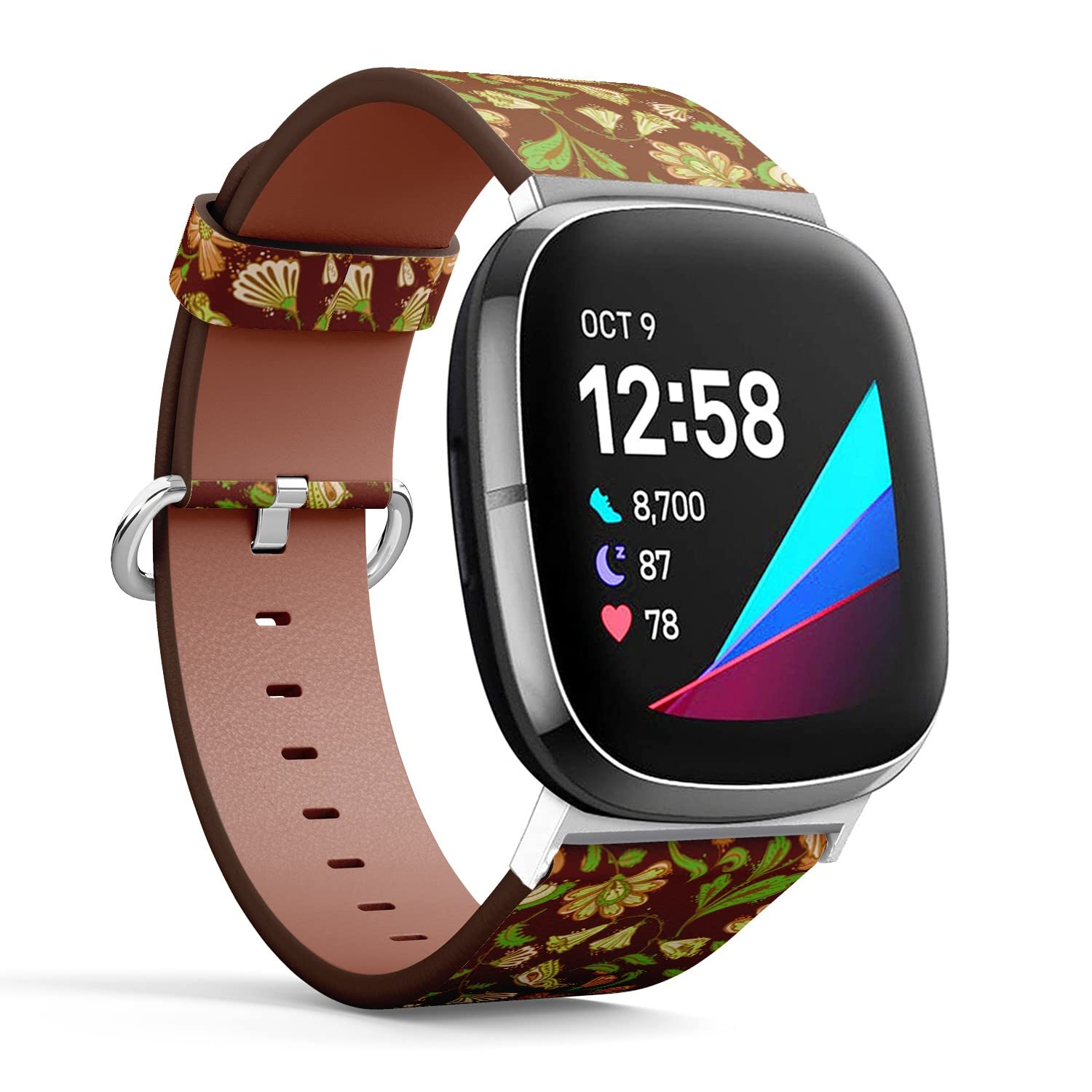 CJBROES Replacement Leather Watch Band, Compatible with Fitbit Versa 3 and Fitbit Sense of Wristband Bracelet Accessory - Floral Brown Colors