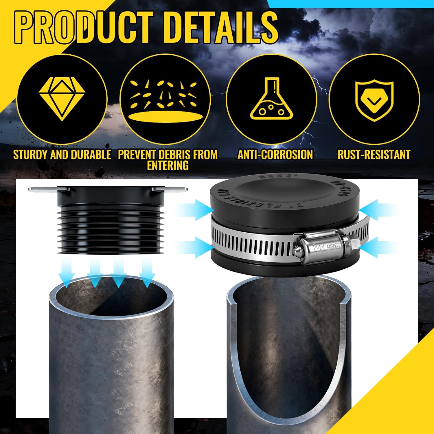6 Pack 2 Inch Flexible PVC Pipe Cap with Stainless Steel Clamps - Black Durable End Caps for Drainage, Wastewater & Vent Pipes, Above/below Ground Use