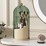 YOOLENS Makeup Brush Holder with Lid 360 Rotating Clear Dustproof Make Up Organizers for Vanity Bathroom Countertop, Green Beige