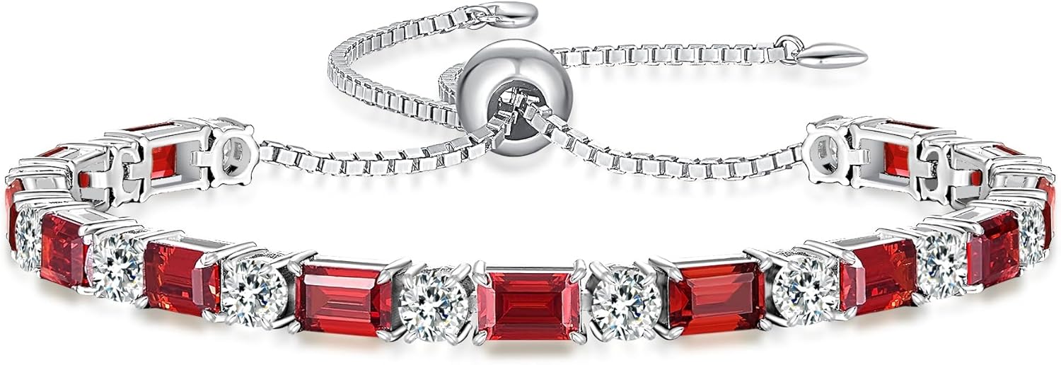Birthstone Tennis Bracelets for Women White Gold Sterling Silver Gemstone Bracelets Adjustable Chain 6-9 Inchs Jewelry Anniversary Birthday Gifts for Women Mom Wife Her