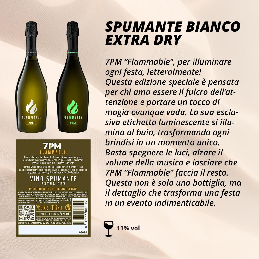 Giordano – BOX 7PM “FLAMMABLE” – 6 Bottiglie di Spumante Bianco Extra Dry Edizione Speciale, Etichetta Luminescente per Brindisi Spettacolari – Formato 75 cl