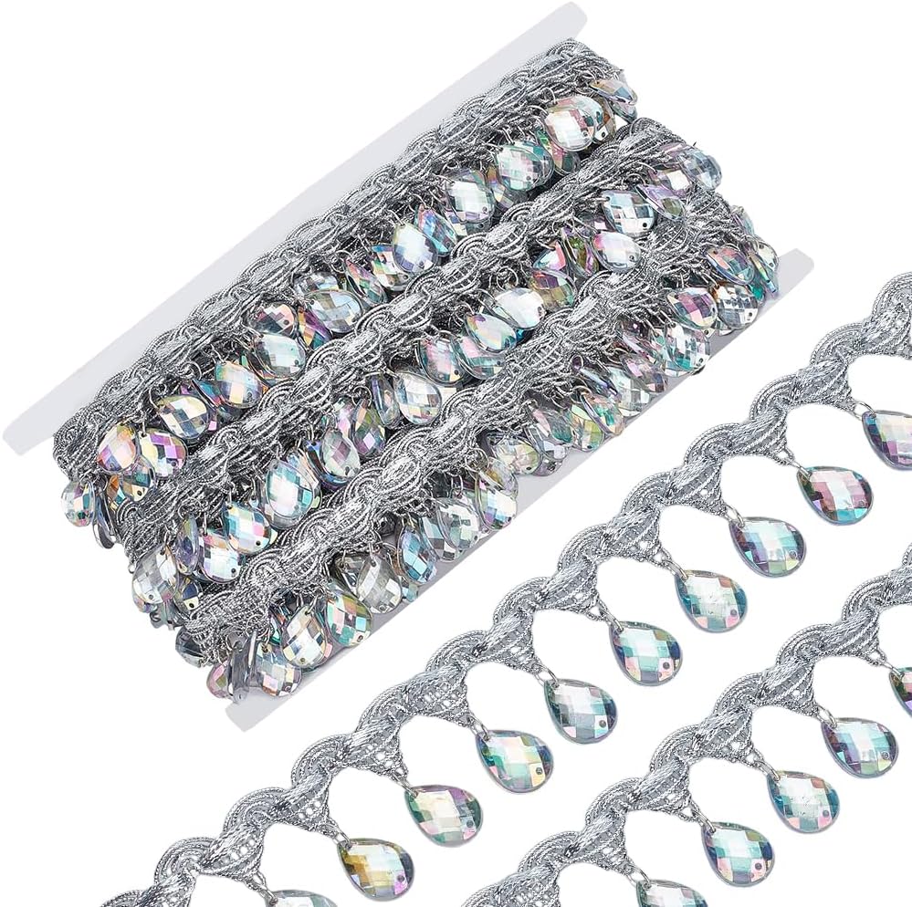 FINGERINSPIRE 10 Yard Hanging Beads Fringe Lace 1.5 inch Wide Polyester Sewing Fringe Tassel Trim Silver Trim with Crystal Pendant for Sewing Cafts Wedding Party Decoration