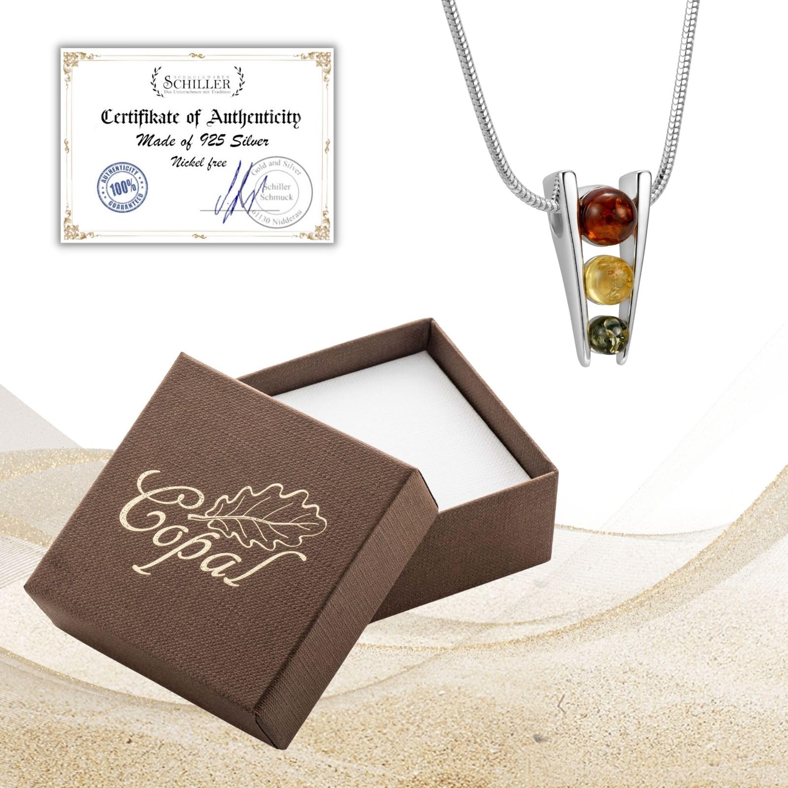 Copal Damen Bernsteinanhänger Kette Aus Sterlingsilber Verstellbar In Dreifarbiger Fassung