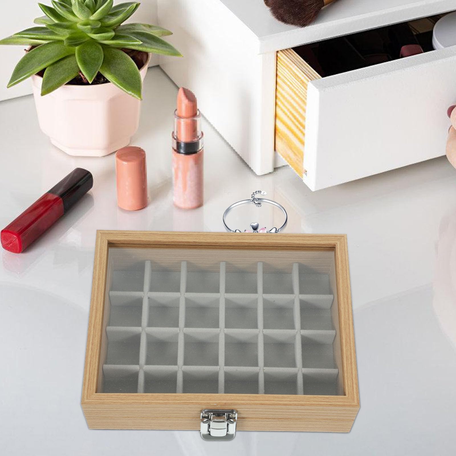 Boîte à Bijoux Bois à Compartiments avec Couvercle Transparent Organiseur de Rangement Compact et Résistant pour Bracelets Colliers Bagues et Montres Boîte Esthétique