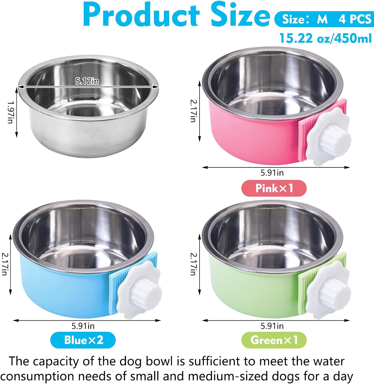 kathson Crate Dog Bowl, Removable Stainless Steel Hanging Pet Cage Bowl Food & Water Feeder Coop Cup for Cat, Puppy, Birds, Rats, Guinea Pigs 4pcs(2×Blue,1×Pink,1×Green) image 2
