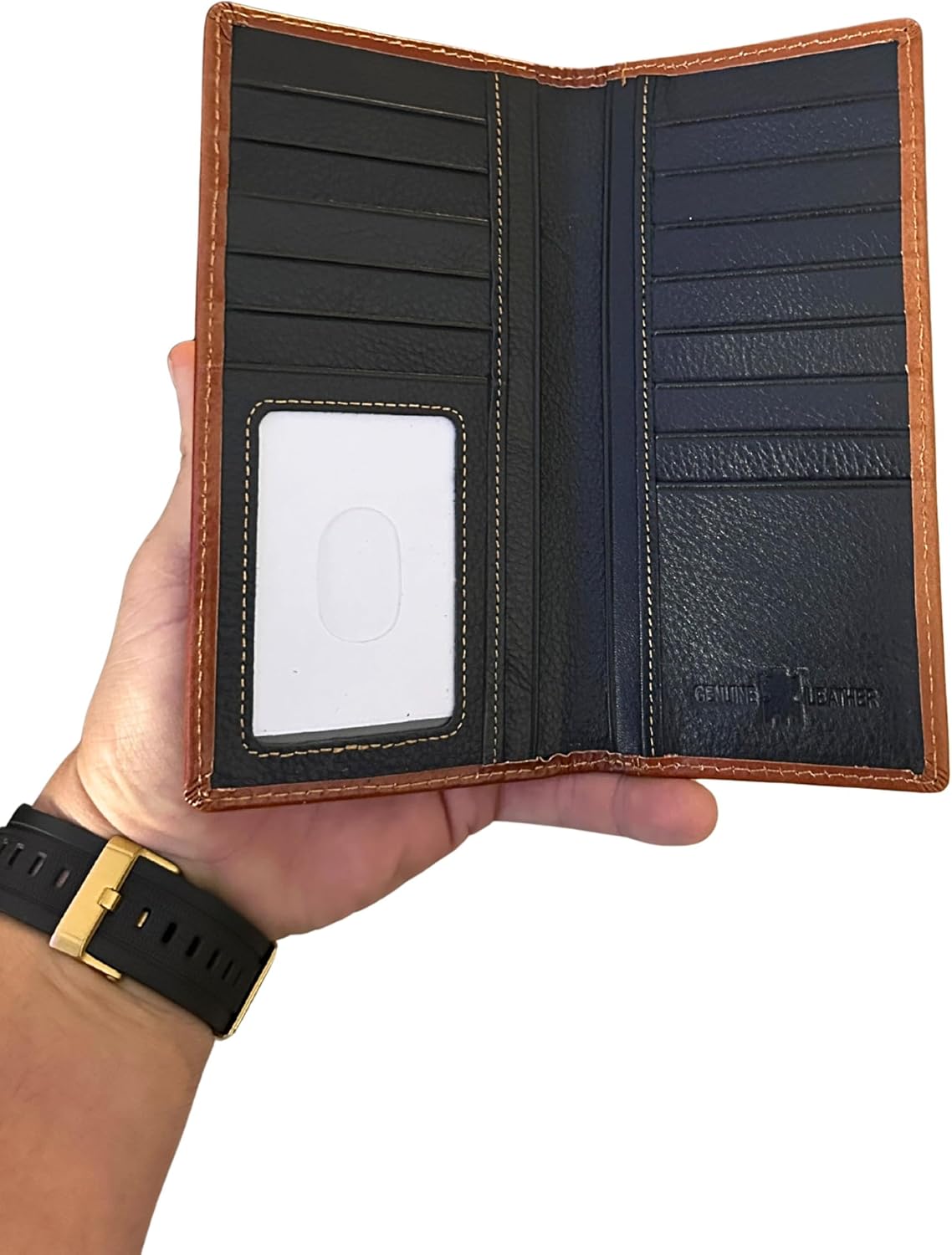 Men’s Western Long Leather Wallet – Handmade Embossed Cross Design, Tooled Rodeo Cowboy Bifold Checkbook Wallet, Slim Western Wallet for Cowboys & Ranch Wear (L Brown)