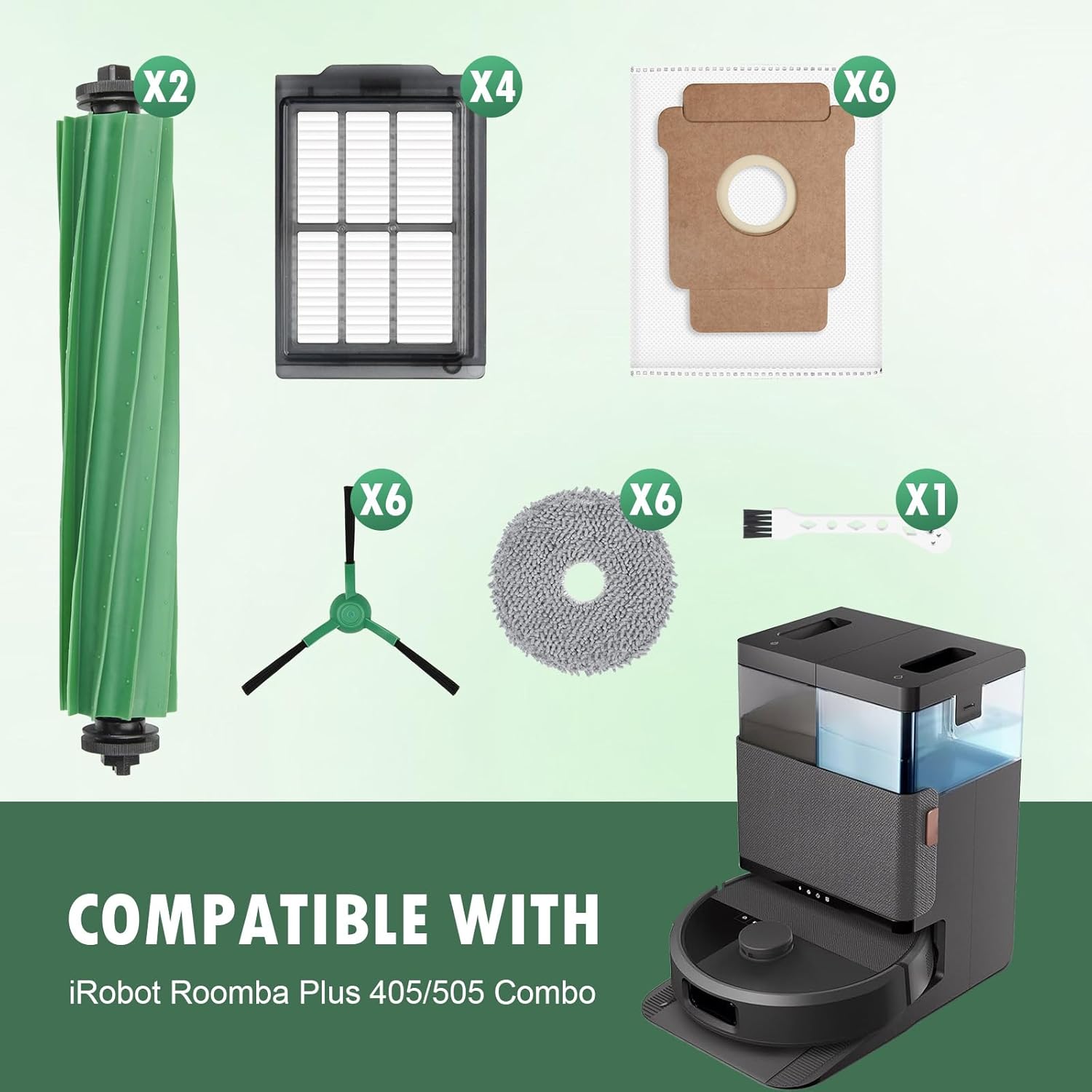 25 Pcs Accessories Kit for iRobot Roomba Plus 405 Combo/505 Combo Robot Vacuum Cleaner, Replacement Parts include 2 Main Brushes, 6 Dust Bags, 6 Mop Pads, 4 Filters, 6 Side Brushes and 1 Cleaning Tool